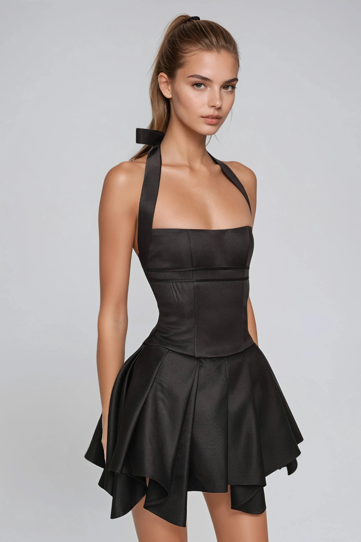Firmin Halter Neck Silky Mini Dress In Black