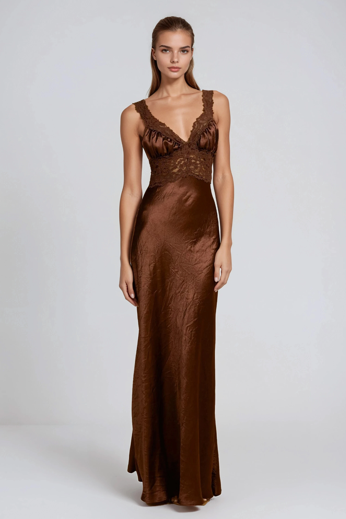 Firmina Plunge Lace Satin Maxi Dress