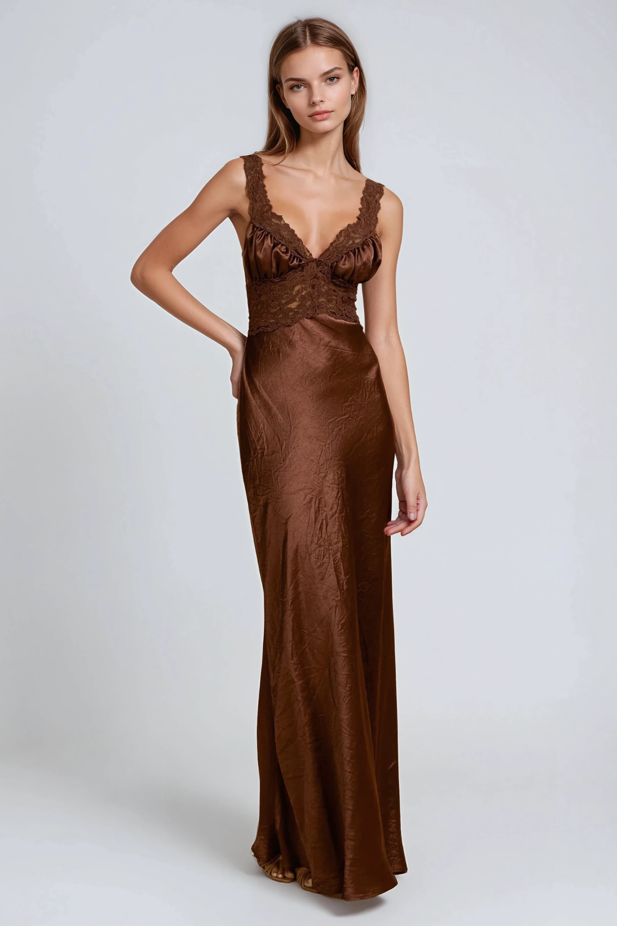 Firmina Plunge Lace Satin Maxi Dress