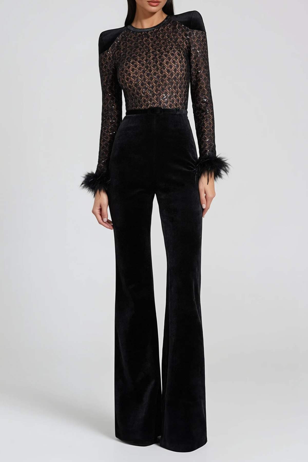 Firouzeh Feather Velvet Jumpsuit