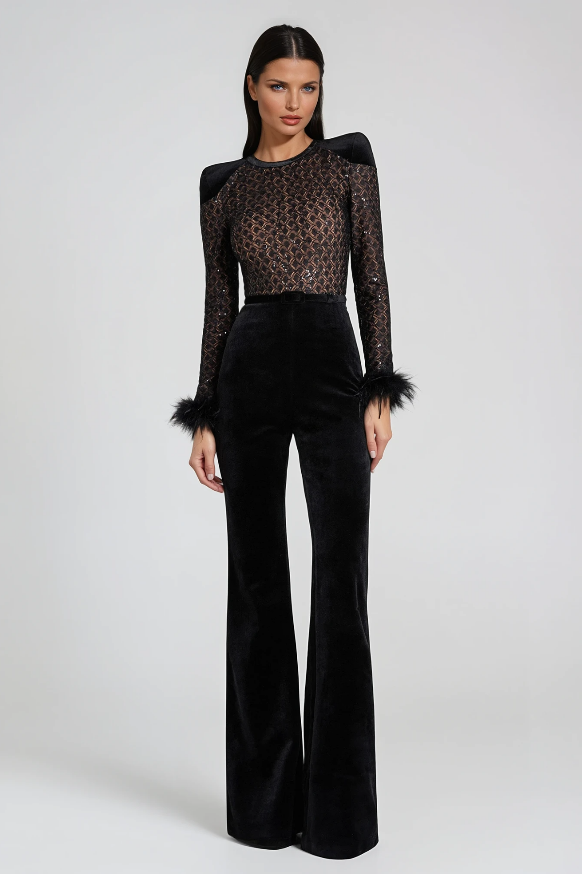 Firouzeh Feather Velvet Jumpsuit