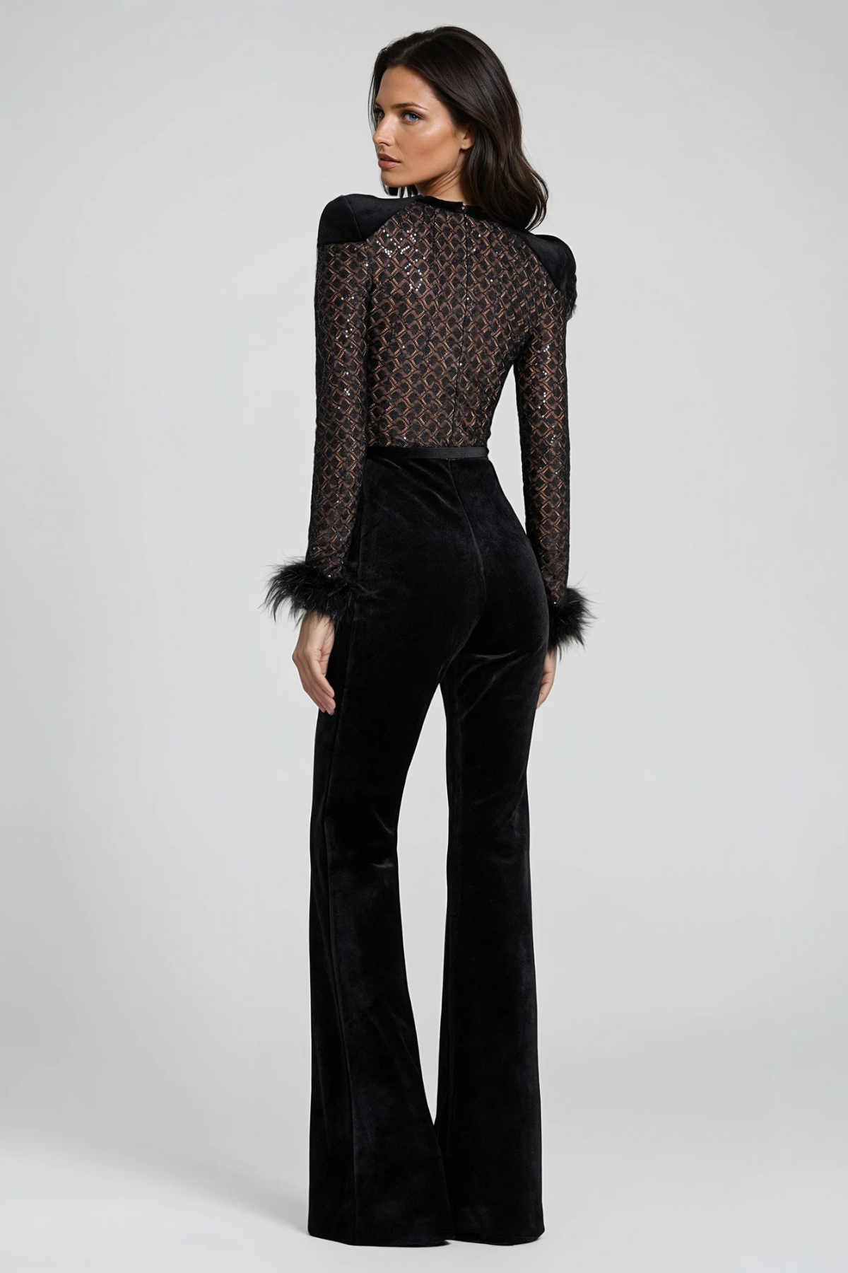 Firouzeh Feather Velvet Jumpsuit