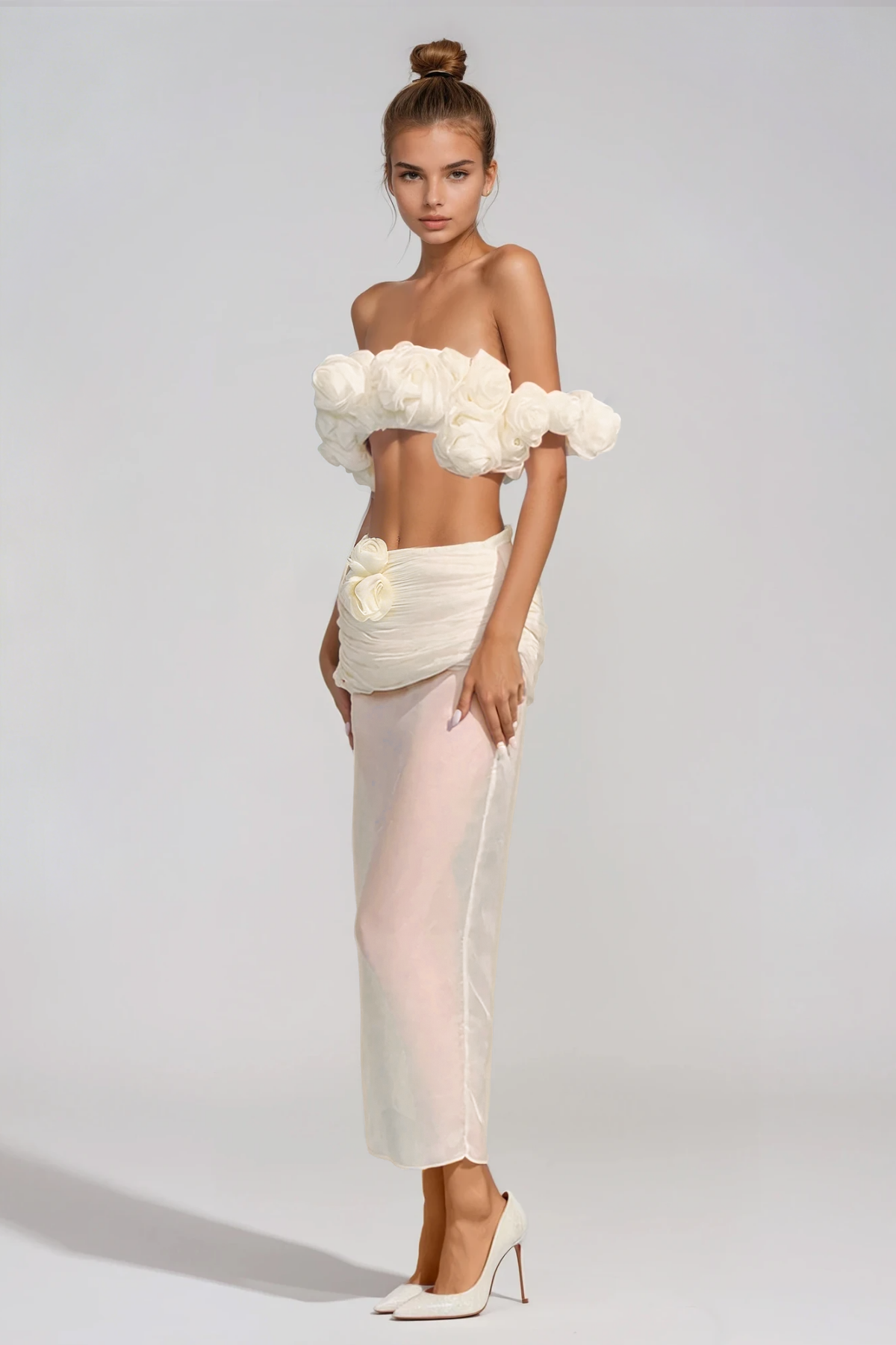 Firuze Off Shoulder Flower Mesh Skirt Set