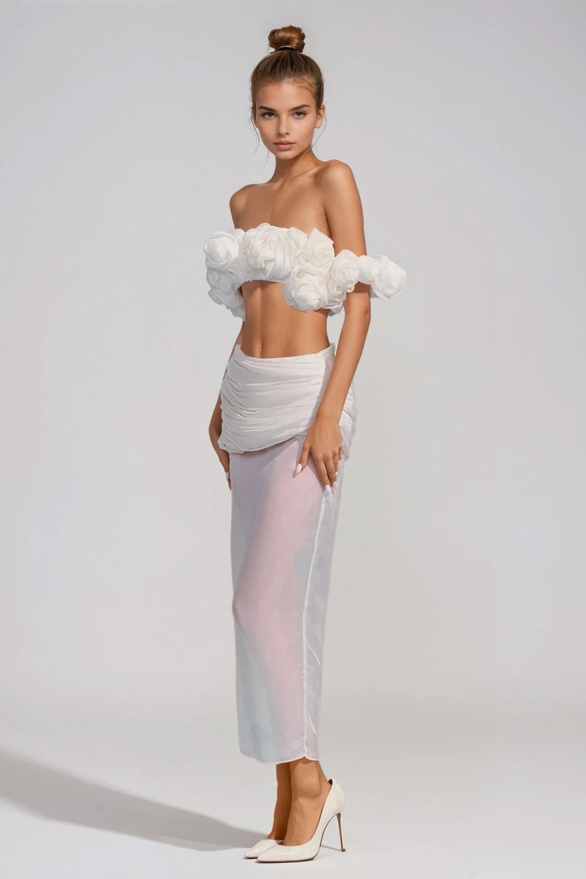 Firuze Off Shoulder Flower Mesh Skirt Set