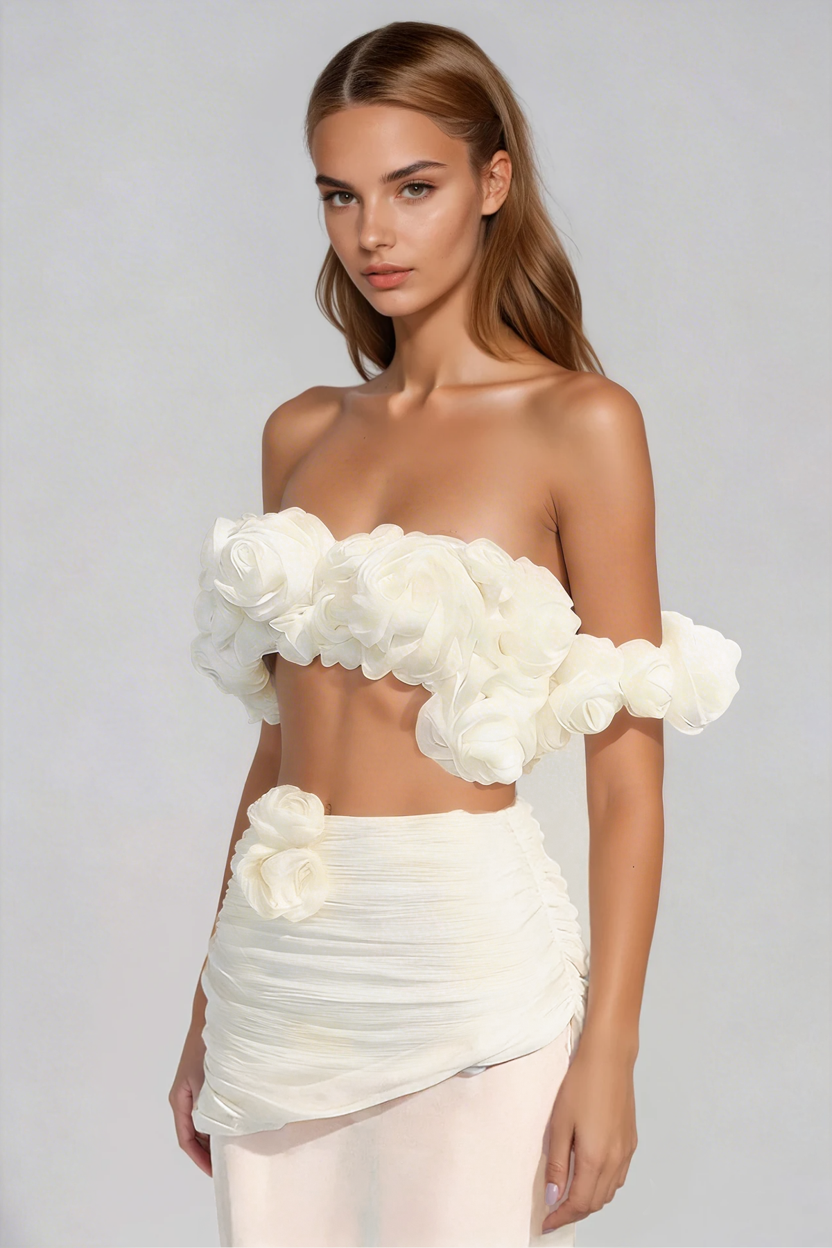 Firuze Off Shoulder Flower Mesh Skirt Set