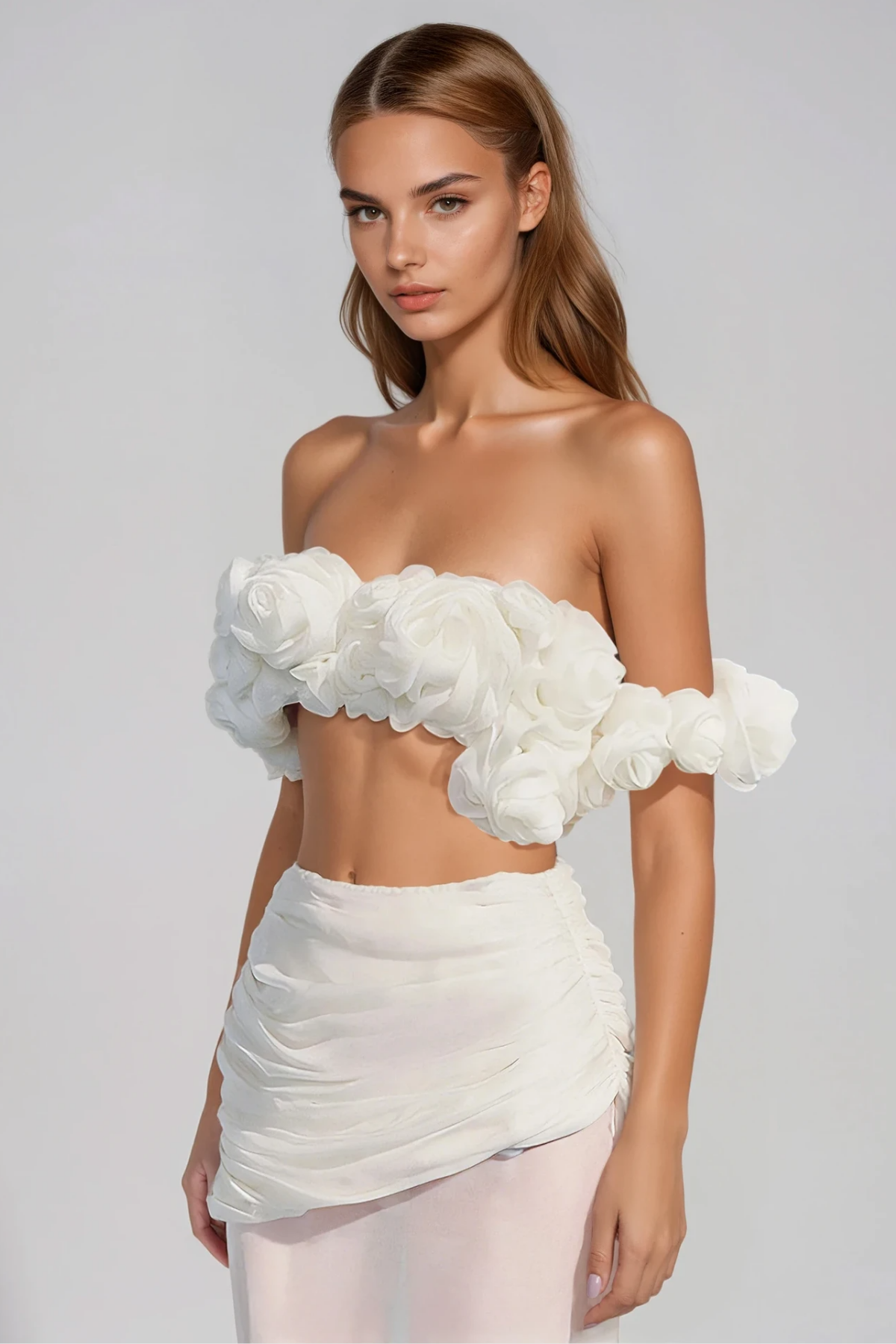 Firuze Off Shoulder Flower Mesh Skirt Set
