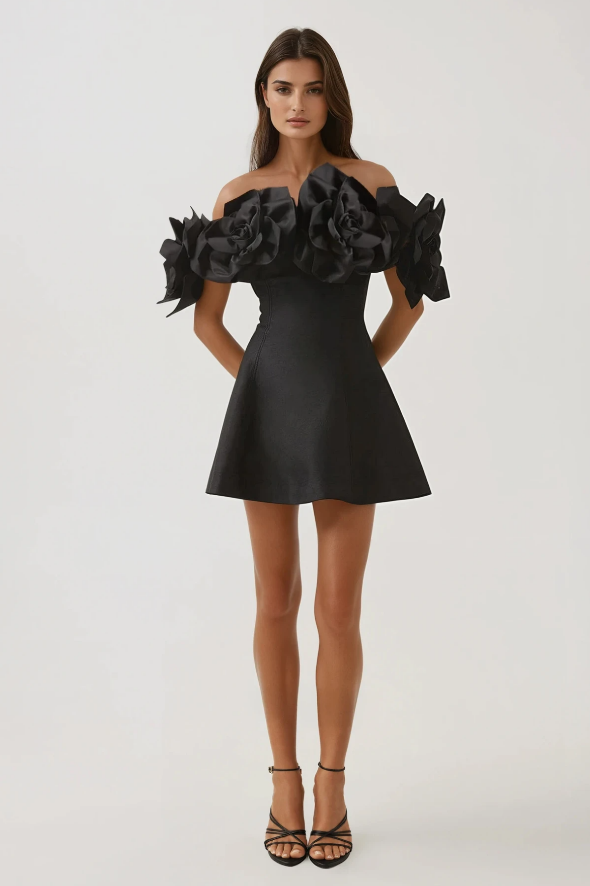 Fito Flower Off Shoulder Mini Dress In Black