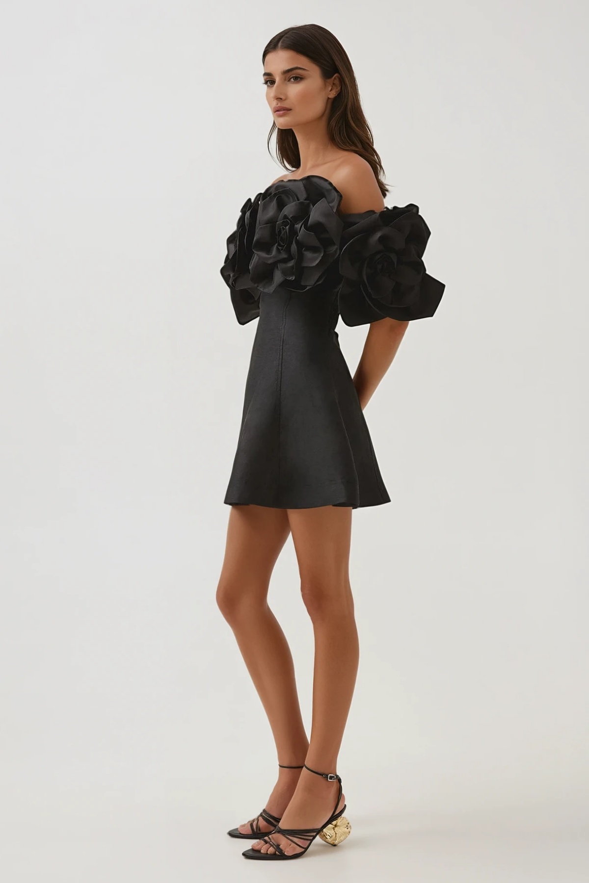 Fito Flower Off Shoulder Mini Dress In Black