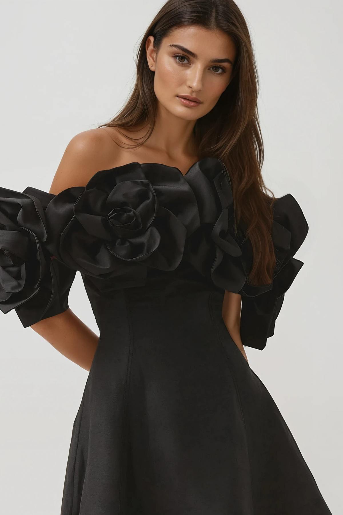 Fito Flower Off Shoulder Mini Dress In Black