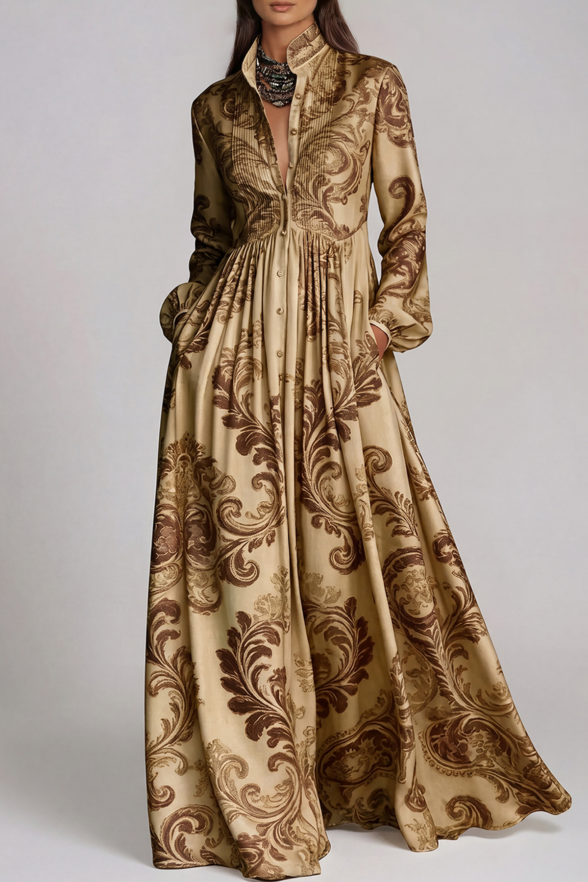 Fizza Plunge Ruch Floral Maxi Dress In Gold