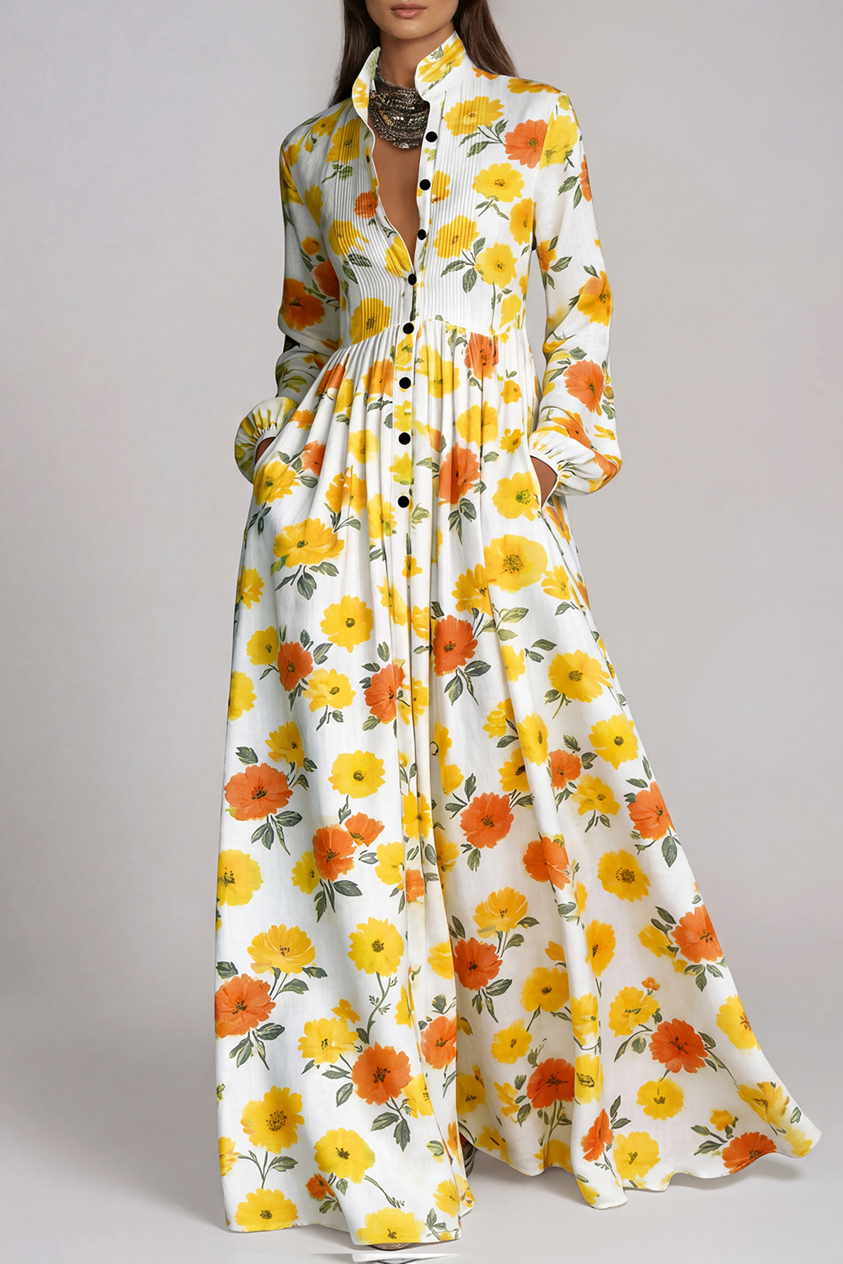 Fizza Plunge Ruch Floral Maxi Dress In Yellow