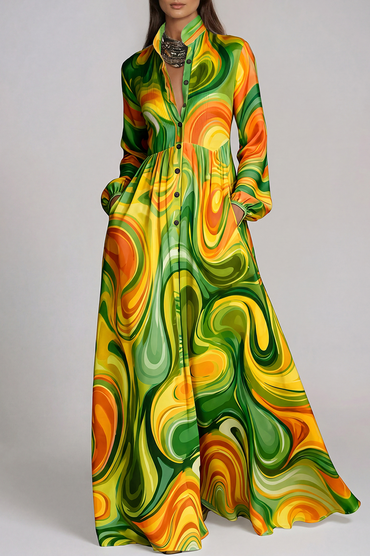 Fizza Plunge Ruch Print Maxi Dress In Green