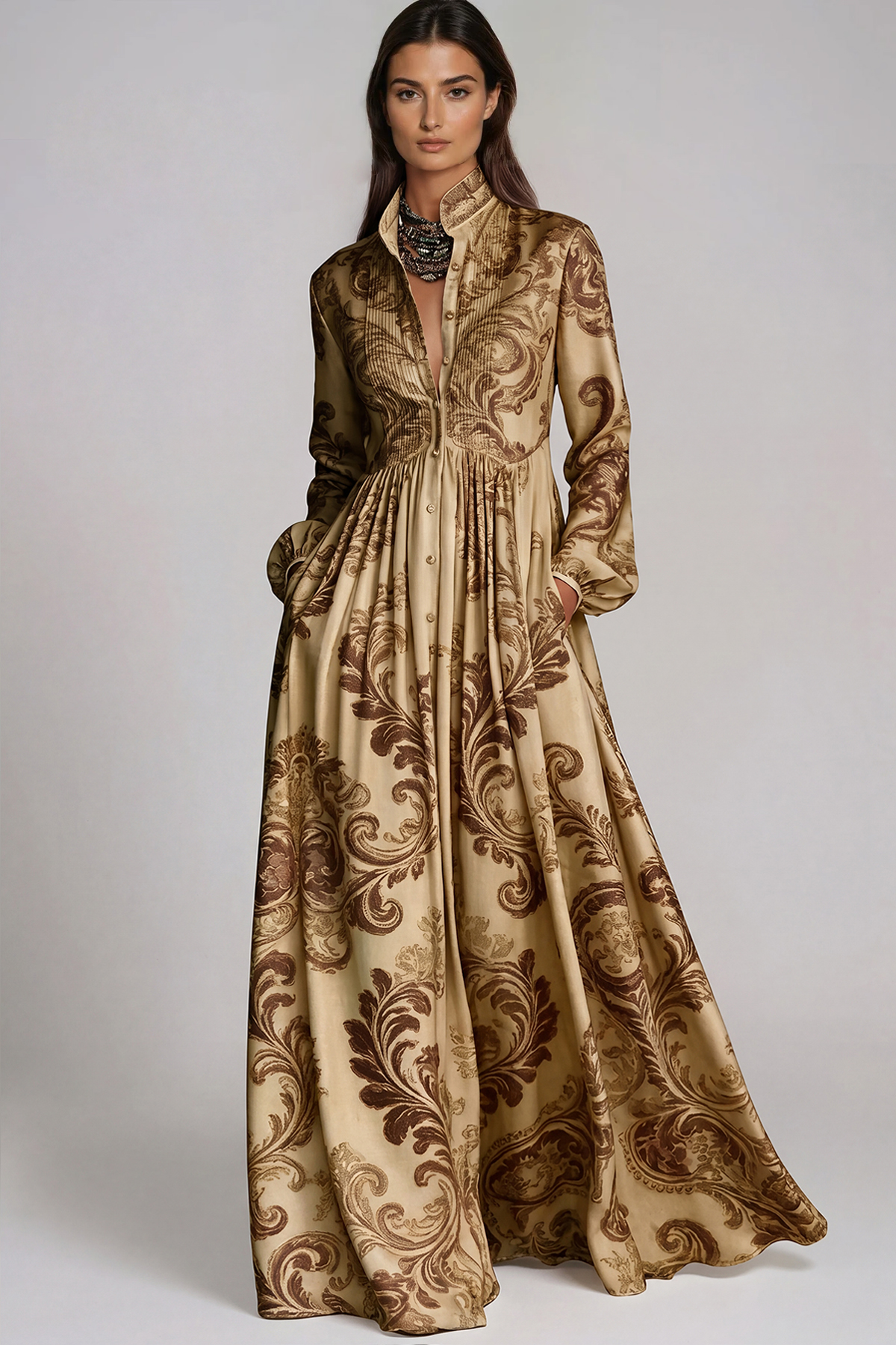Fizza Plunge Ruch Floral Maxi Dress In Gold