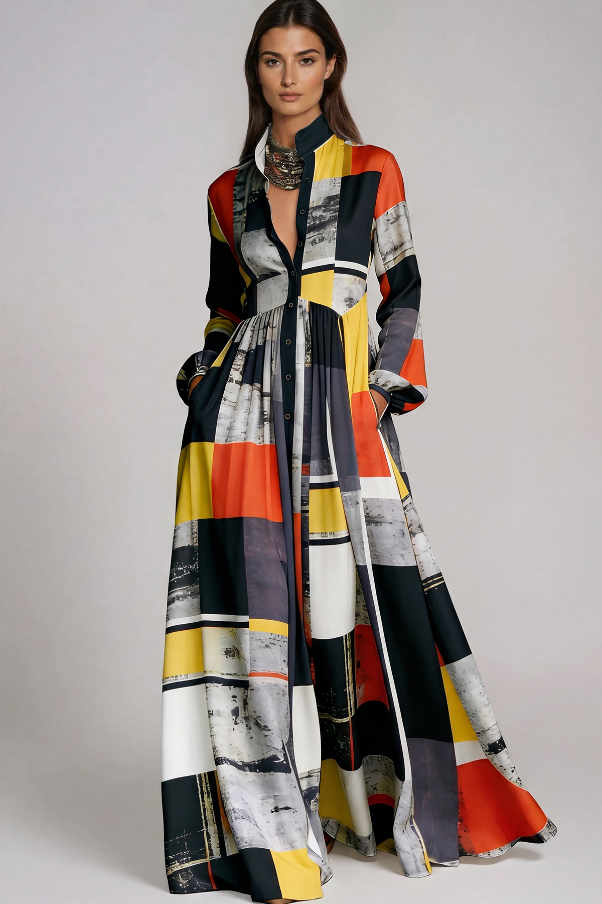 Fizza Plunge Ruch Geometric Maxi Dress In Black