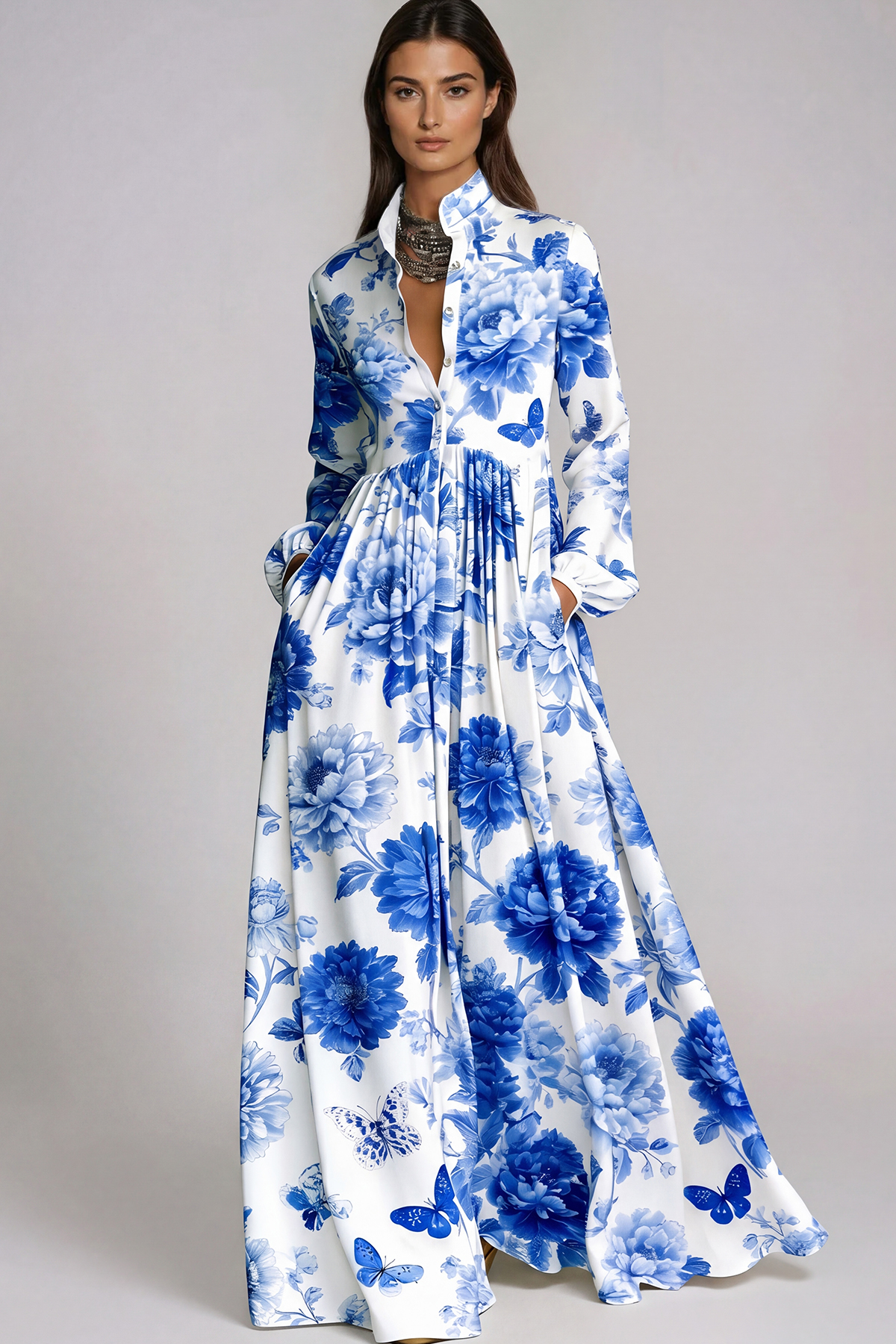 Fizza Plunge Ruch Floral Maxi Dress In Blue