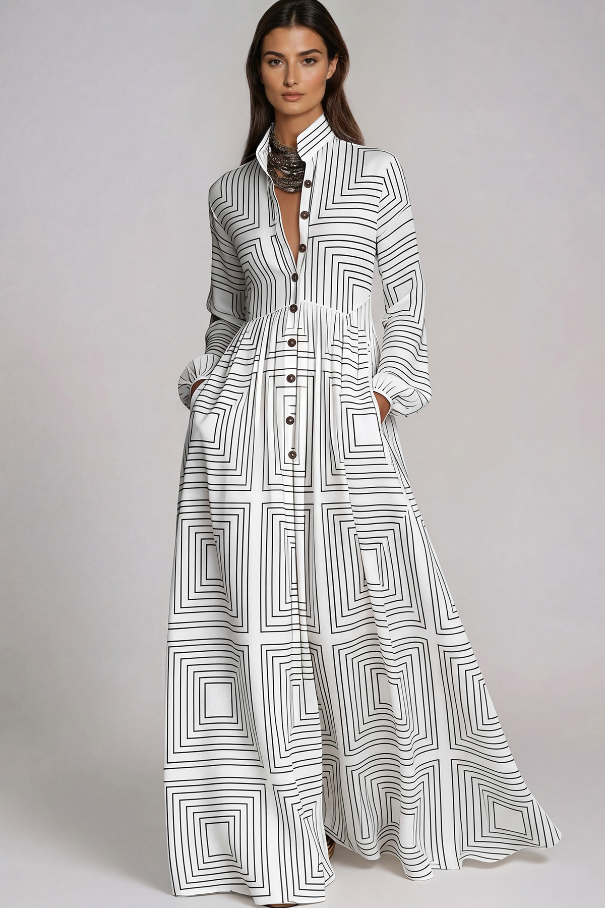 Fizza Plunge Ruch Geometric Maxi Dress In White