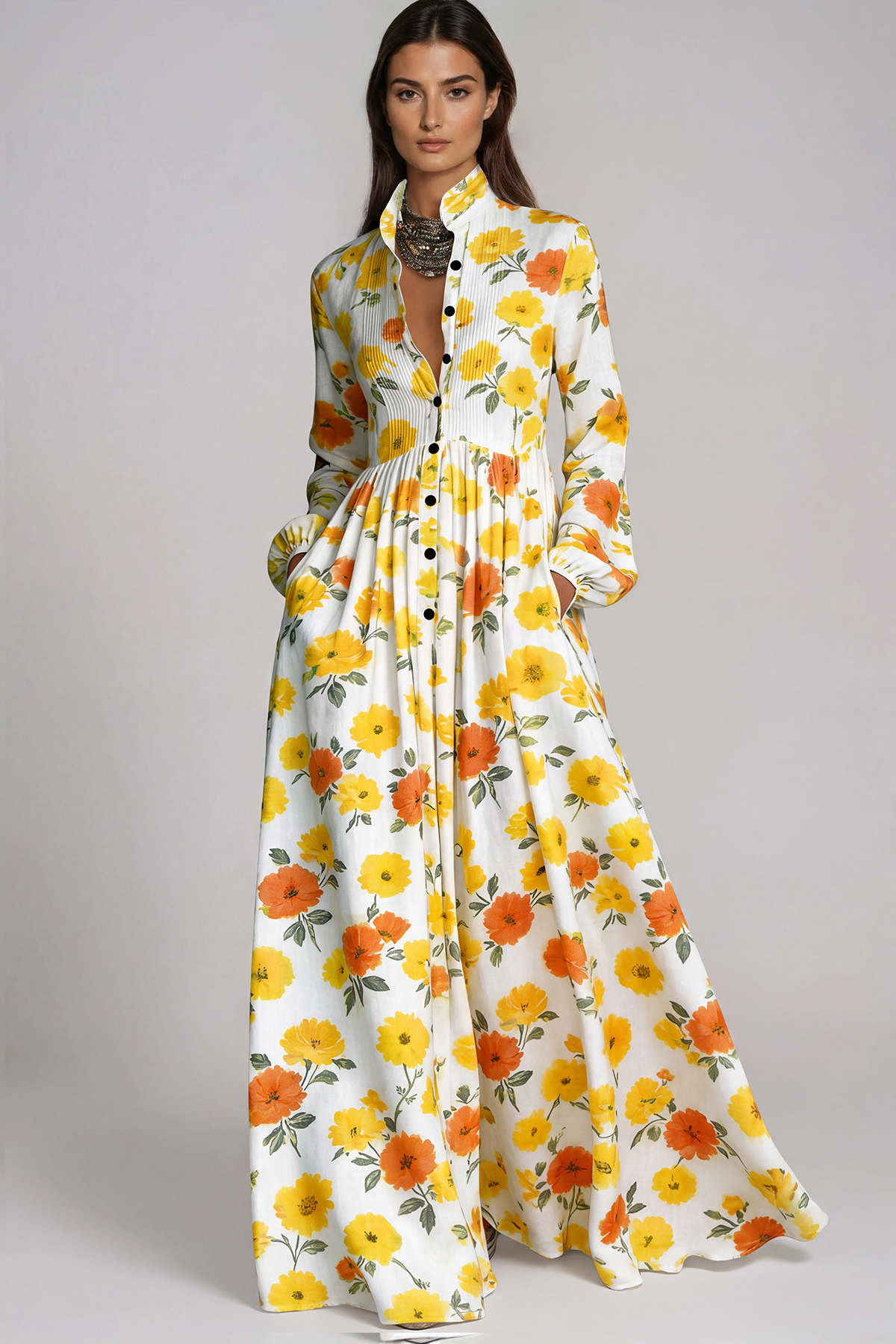 Fizza Plunge Ruch Floral Maxi Dress In Yellow