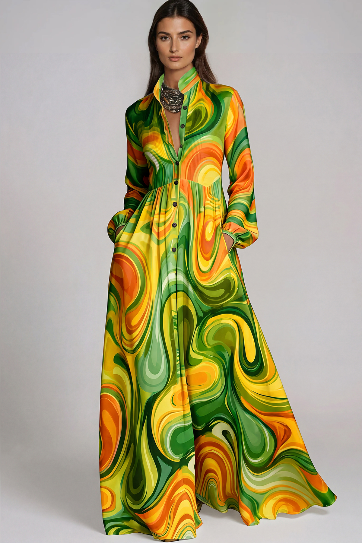 Fizza Plunge Ruch Print Maxi Dress In Green