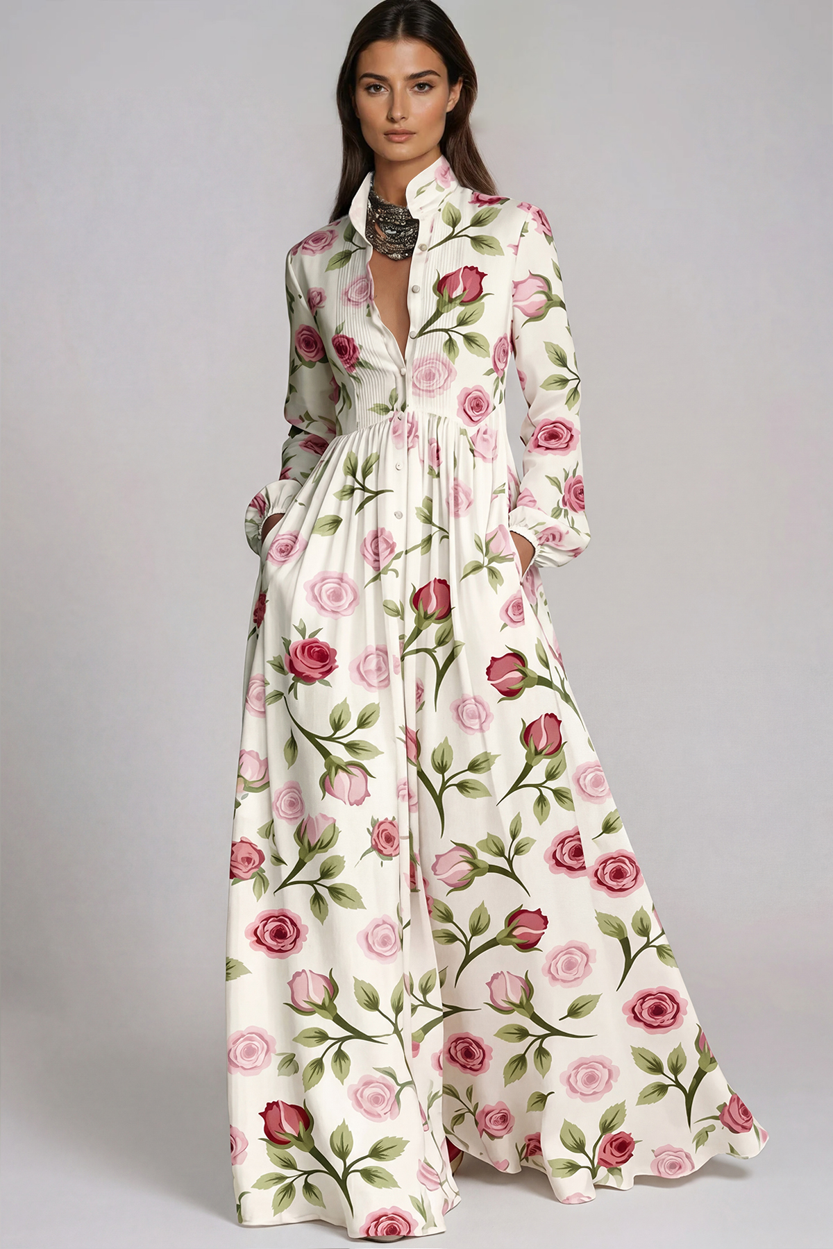 Fizza Plunge Ruch Floral Maxi Dress In White