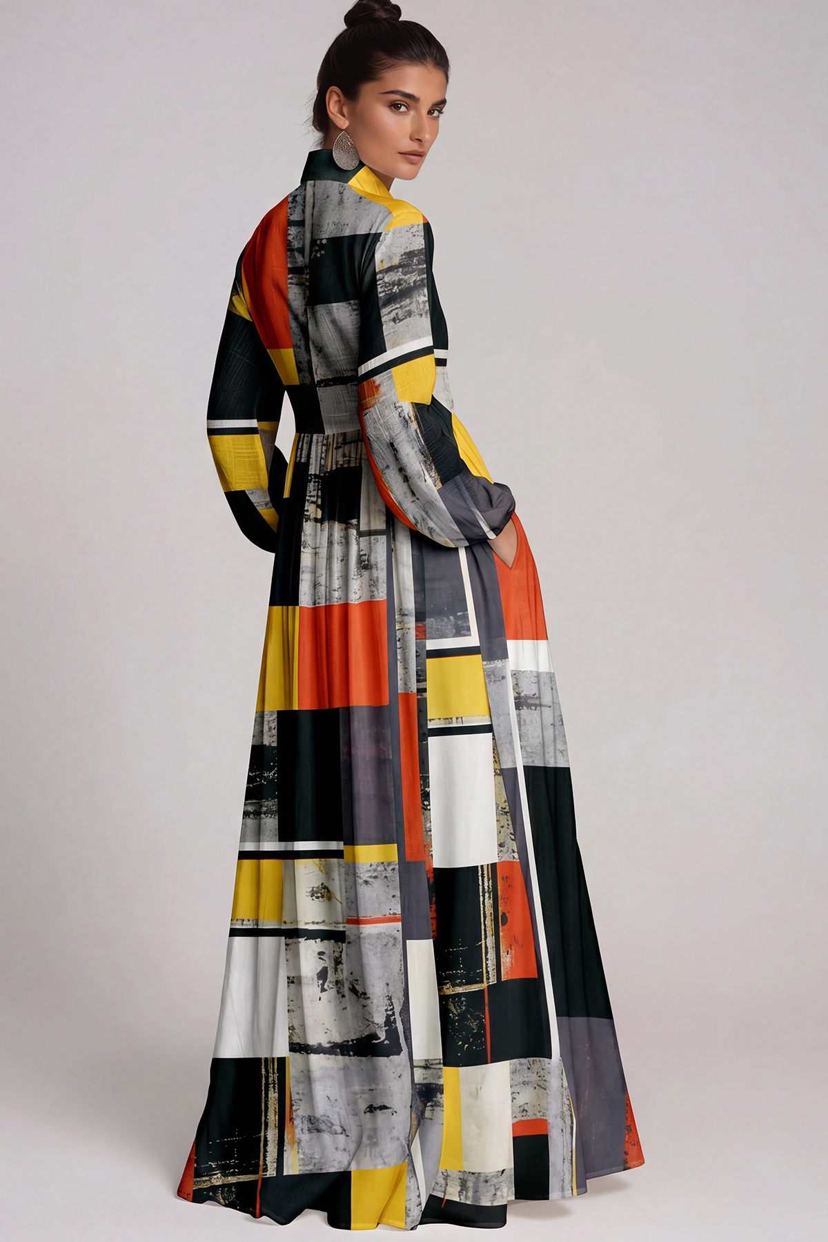 Fizza Plunge Ruch Geometric Maxi Dress In Black