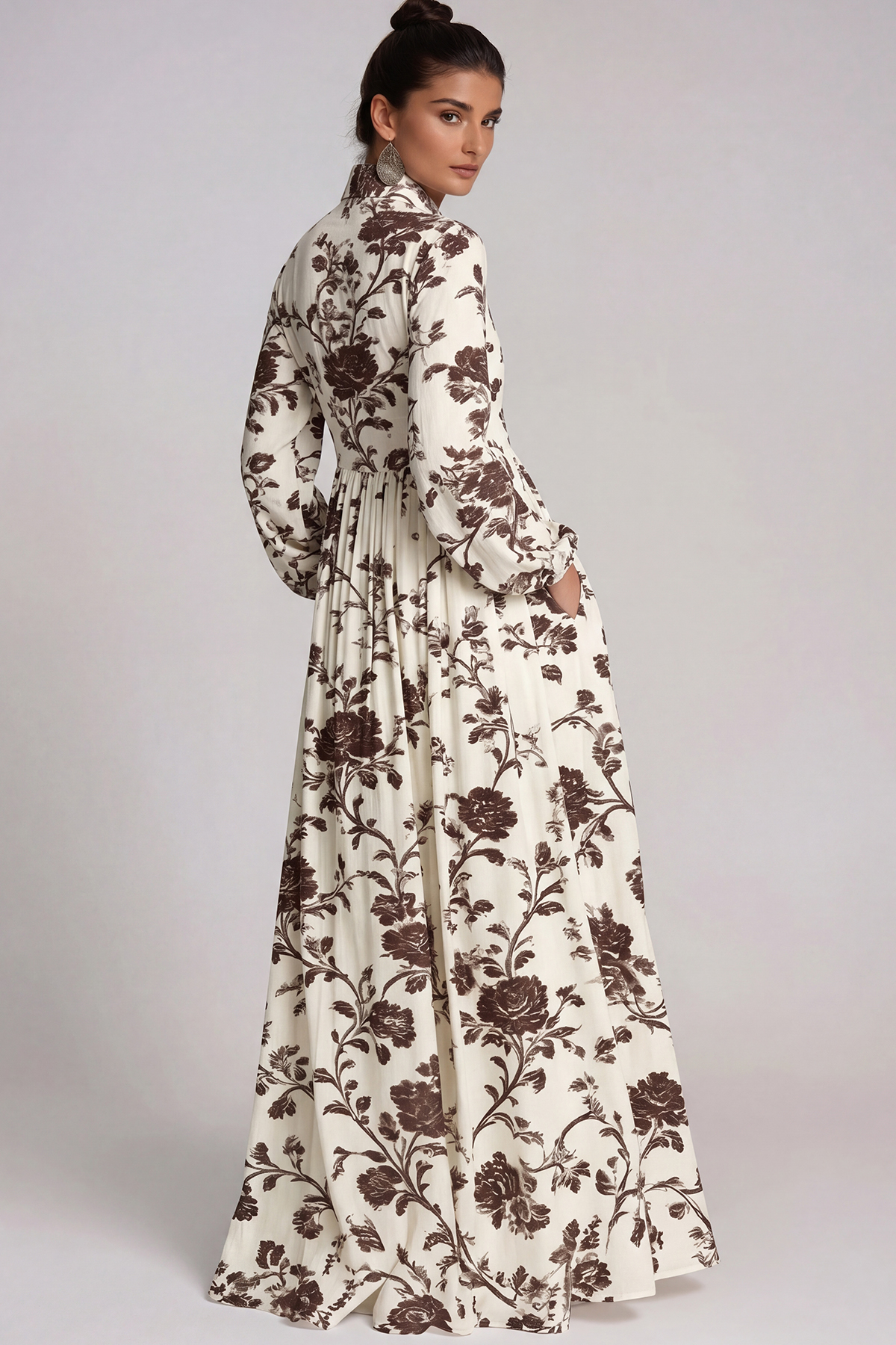 Fizza Plunge Ruch Floral Maxi Dress In Brown