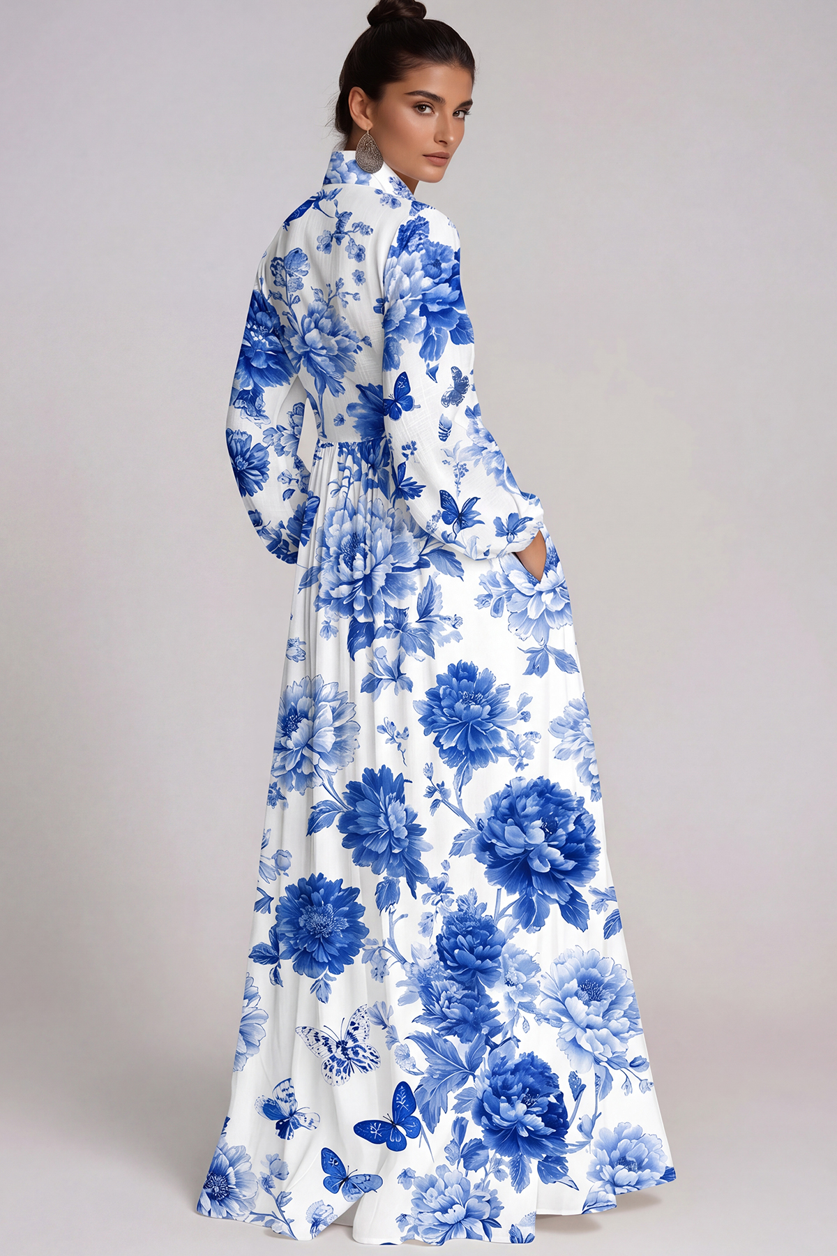 Fizza Plunge Ruch Floral Maxi Dress In Blue