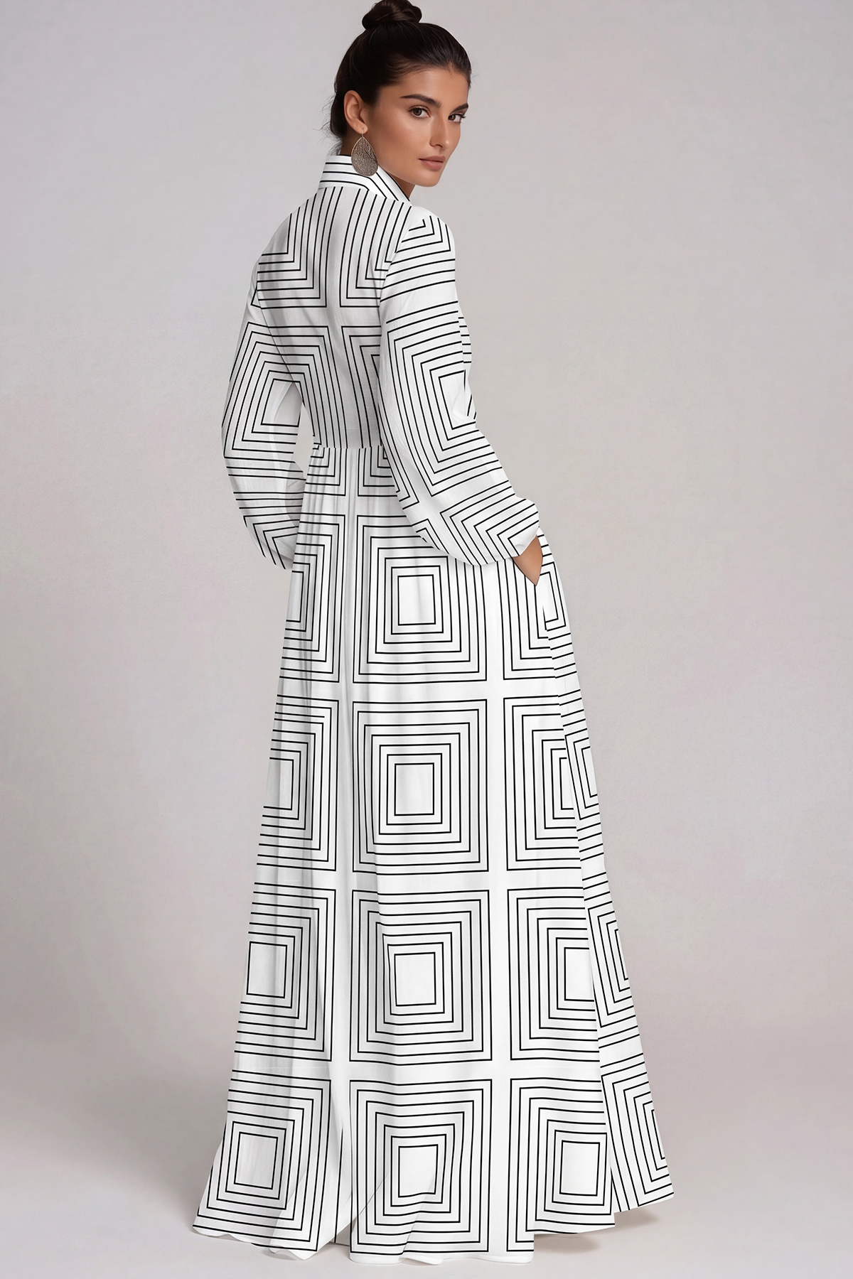 Fizza Plunge Ruch Geometric Maxi Dress In White
