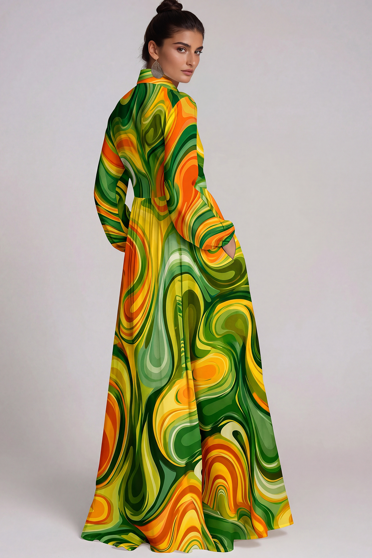 Fizza Plunge Ruch Print Maxi Dress In Green