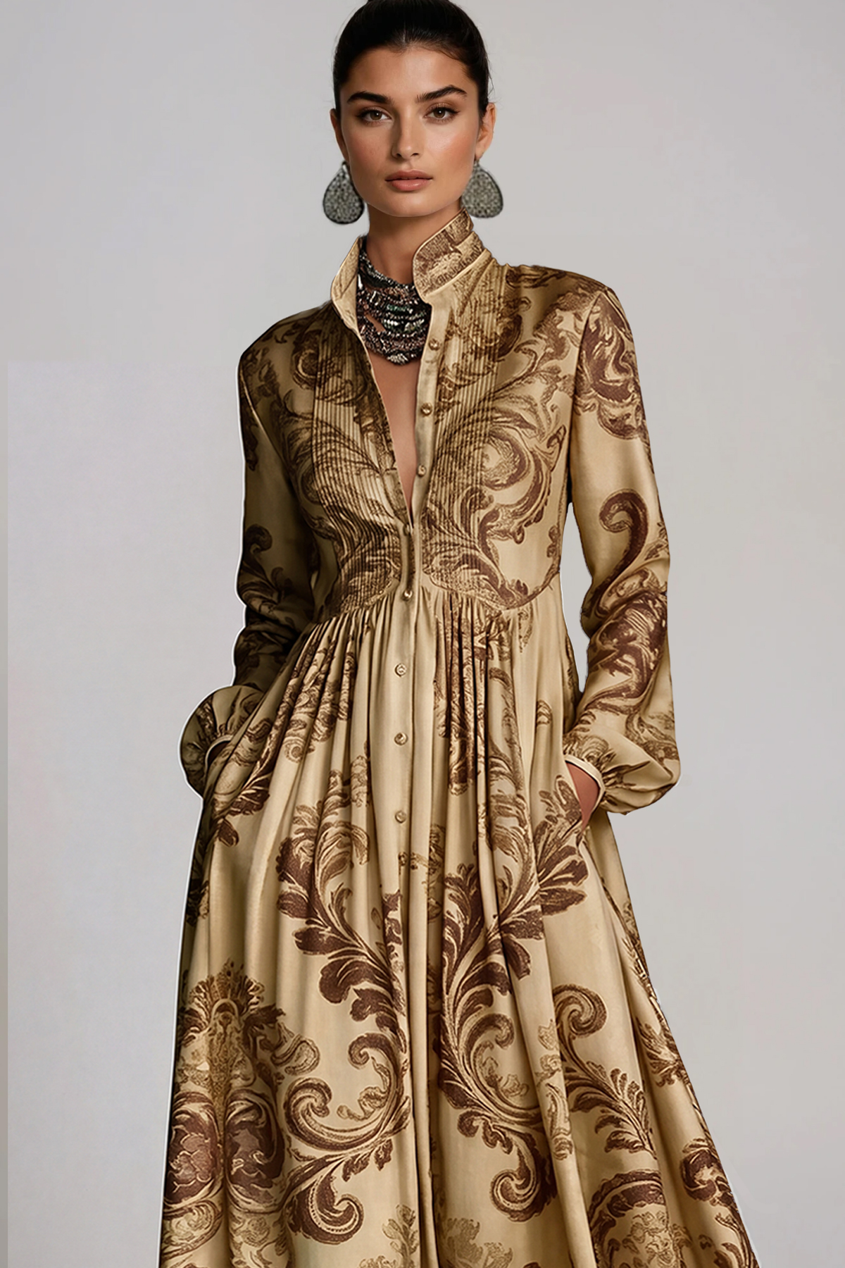 Fizza Plunge Ruch Floral Maxi Dress In Gold