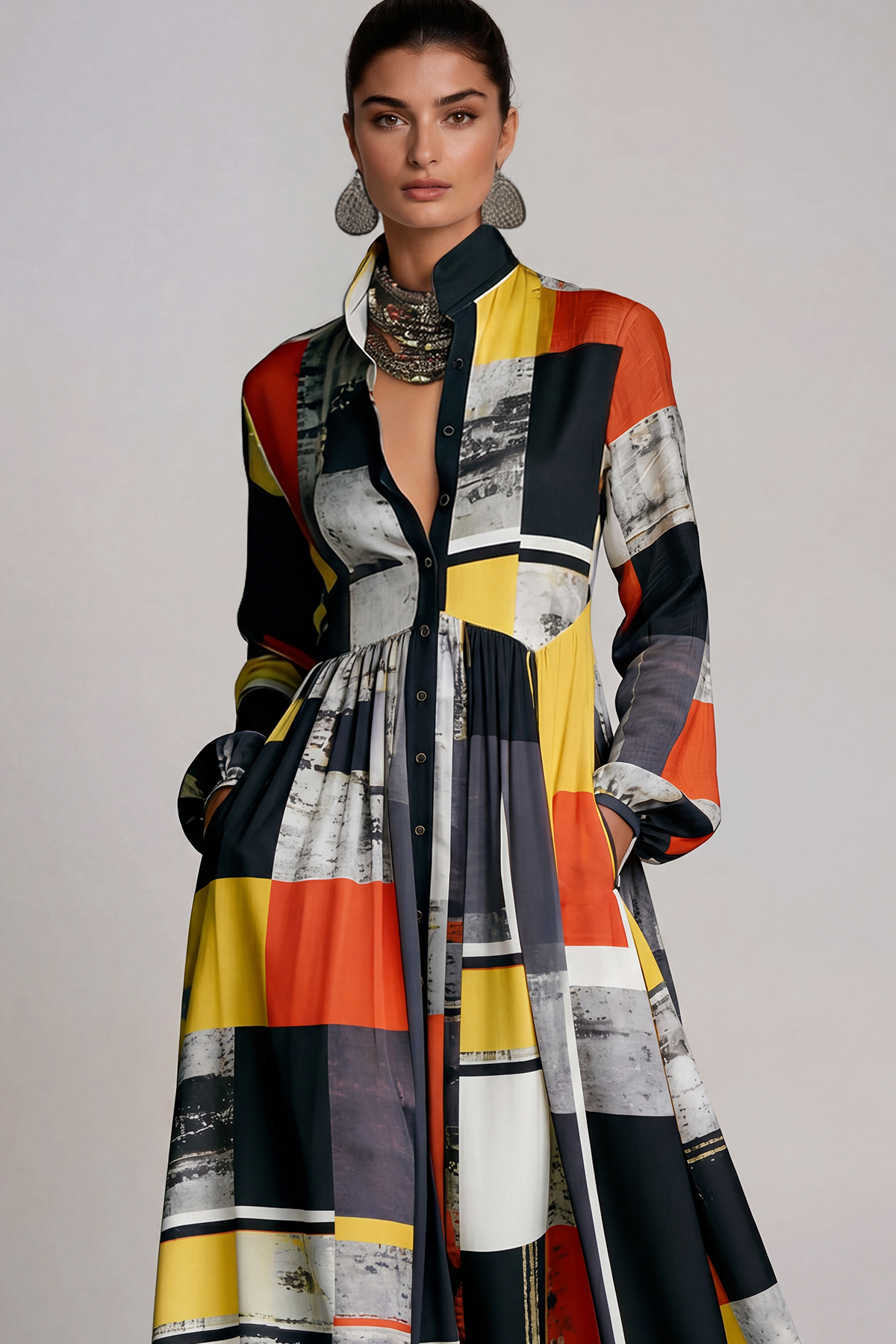 Fizza Plunge Ruch Geometric Maxi Dress In Black