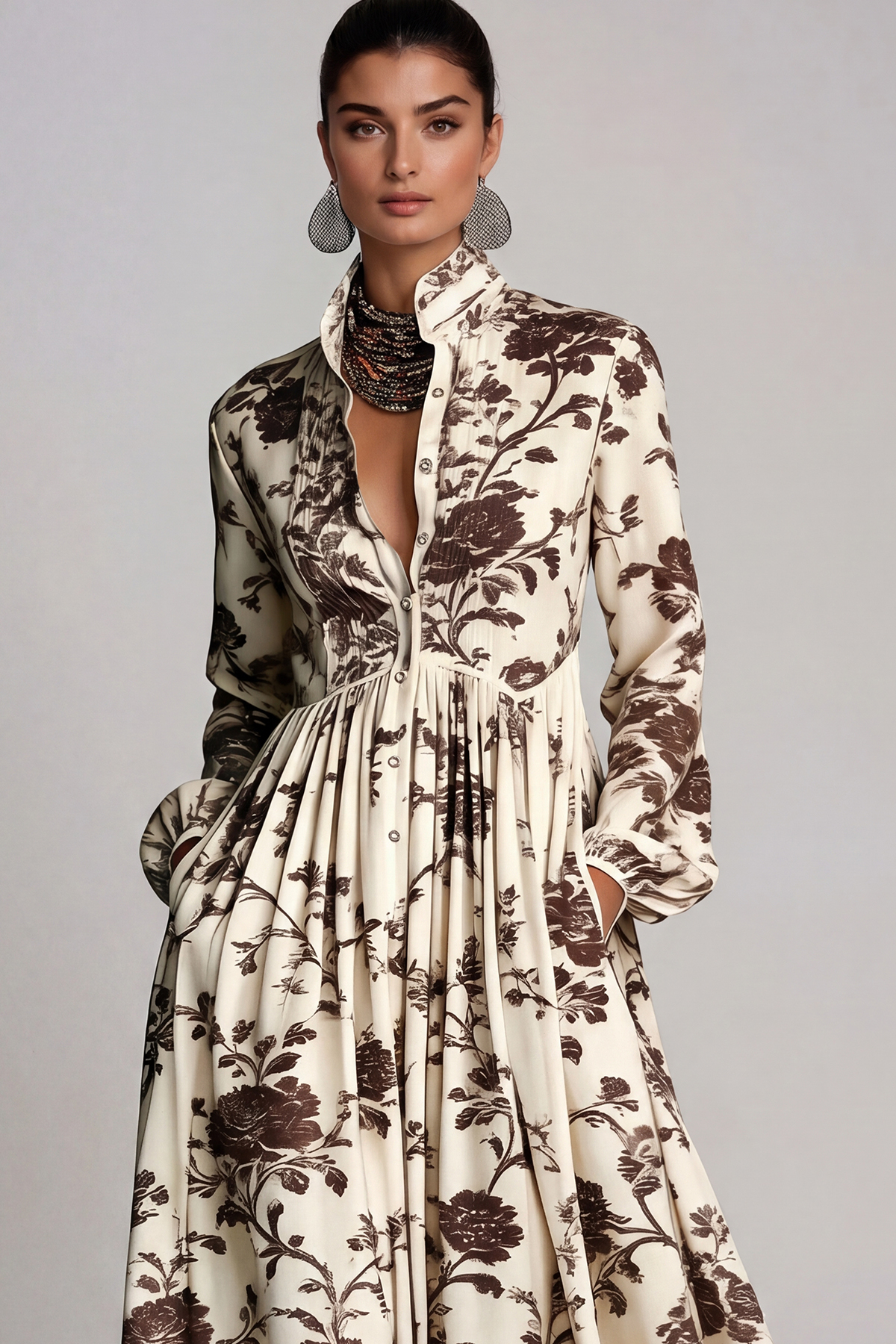 Fizza Plunge Ruch Floral Maxi Dress In Brown