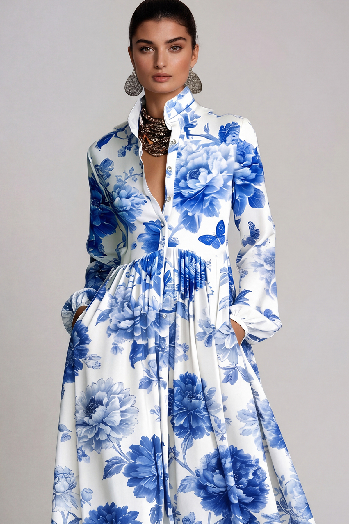 Fizza Plunge Ruch Floral Maxi Dress In Blue