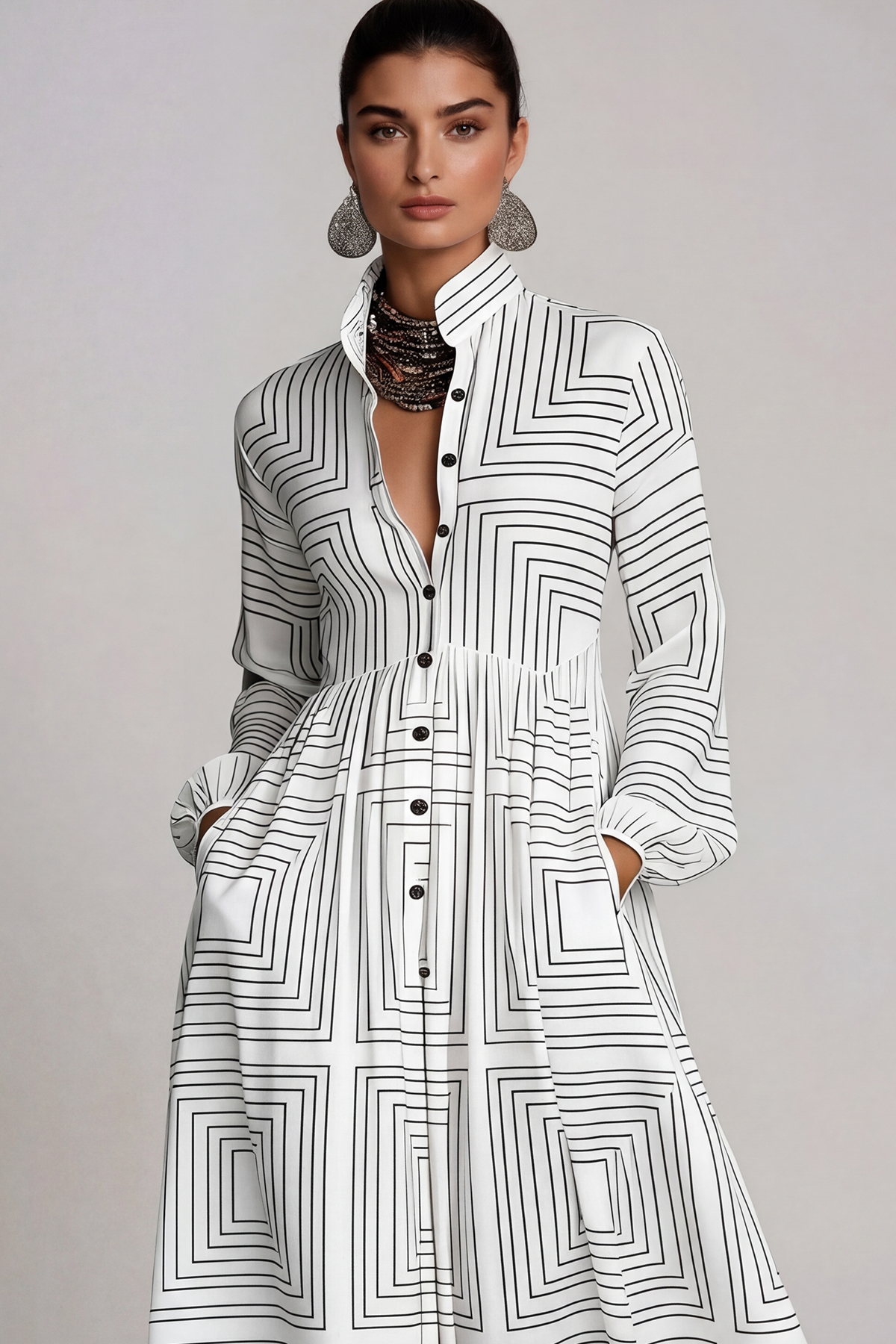 Fizza Plunge Ruch Geometric Maxi Dress In White