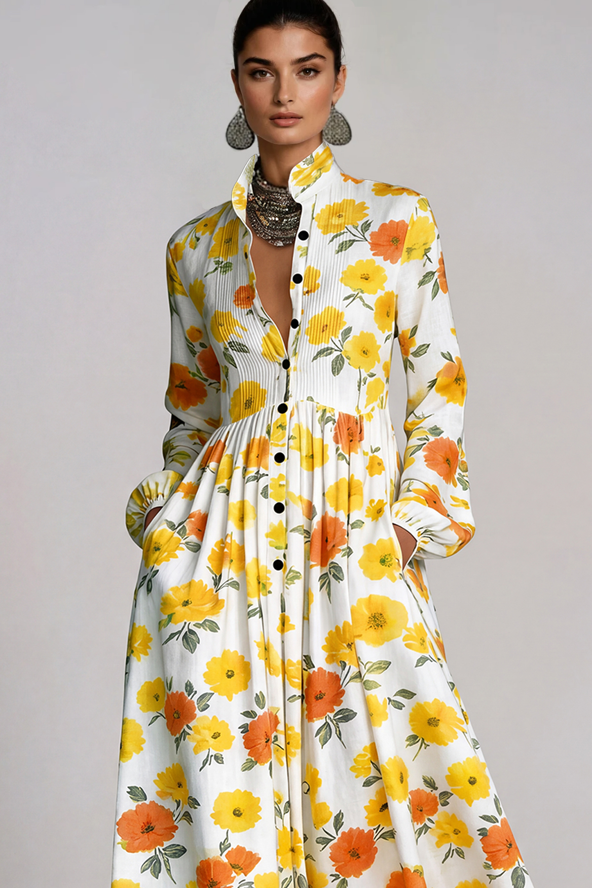 Fizza Plunge Ruch Floral Maxi Dress In Yellow