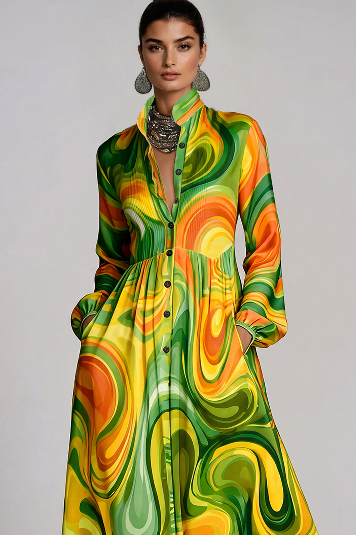 Fizza Plunge Ruch Print Maxi Dress In Green