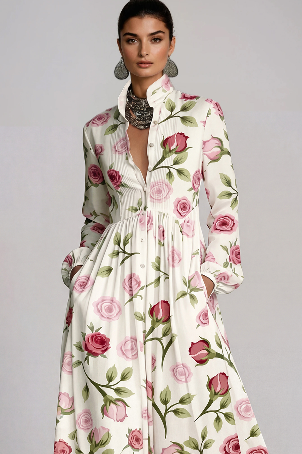 Fizza Plunge Ruch Floral Maxi Dress In White