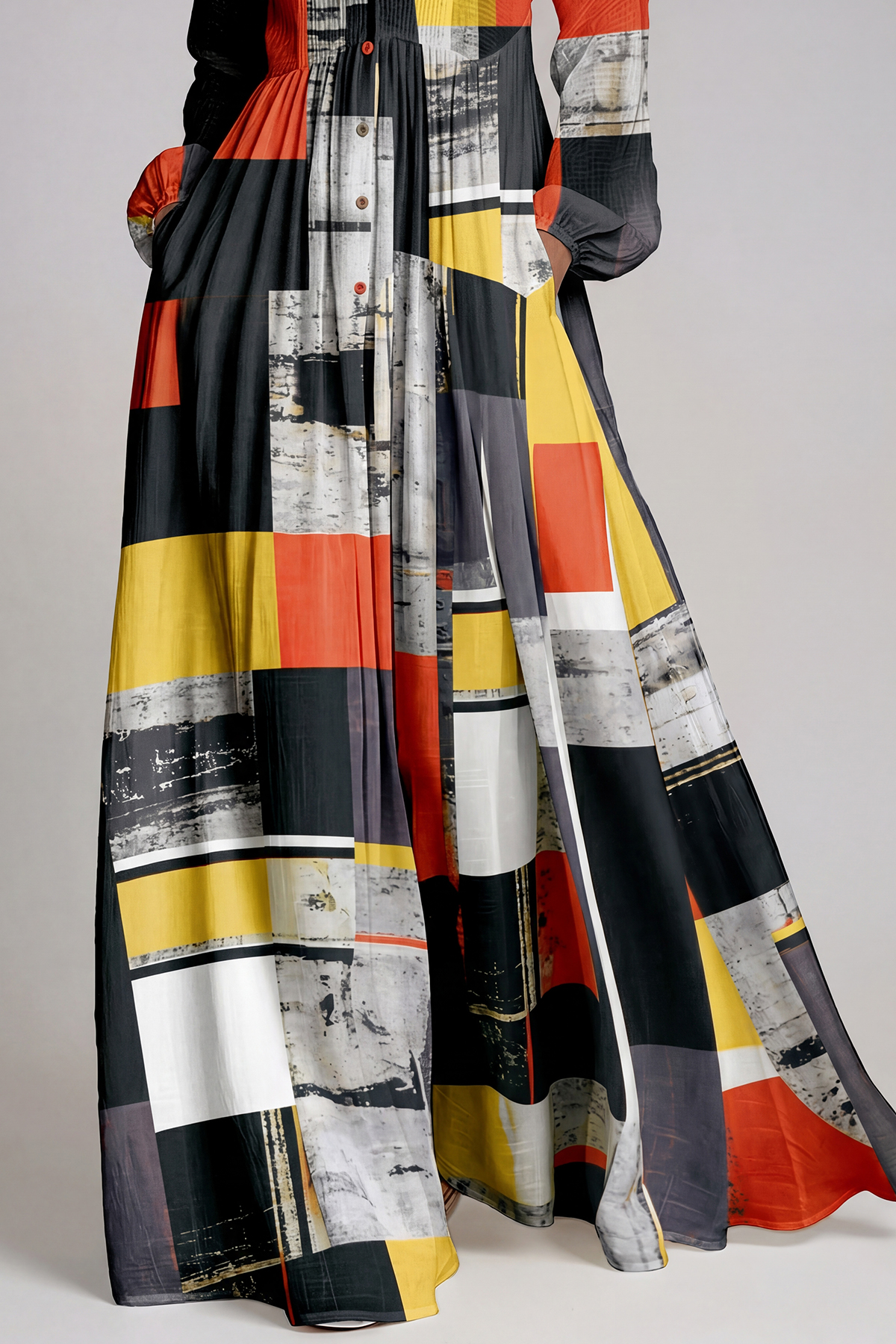 Fizza Plunge Ruch Geometric Maxi Dress In Black