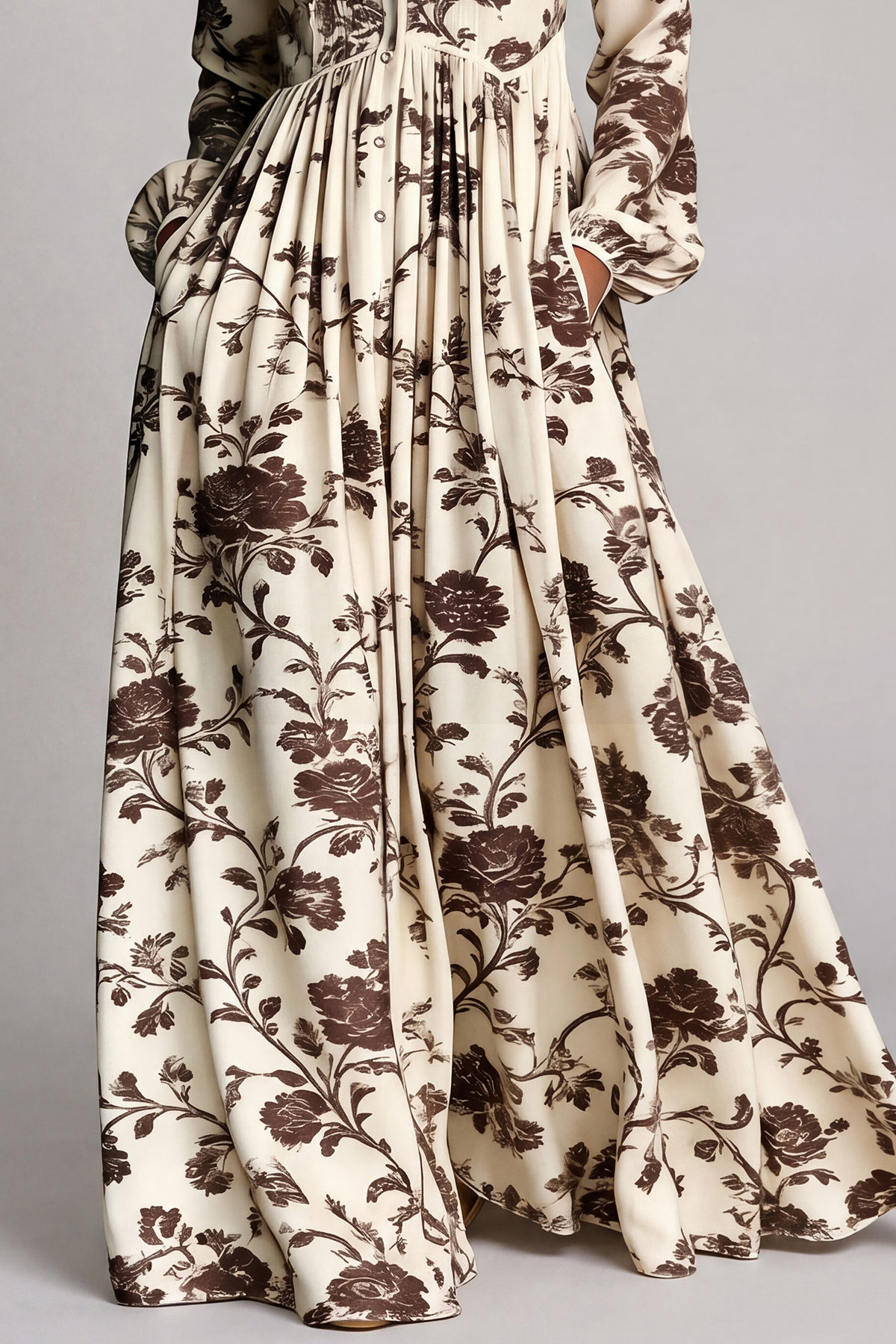 Fizza Plunge Ruch Floral Maxi Dress In Brown