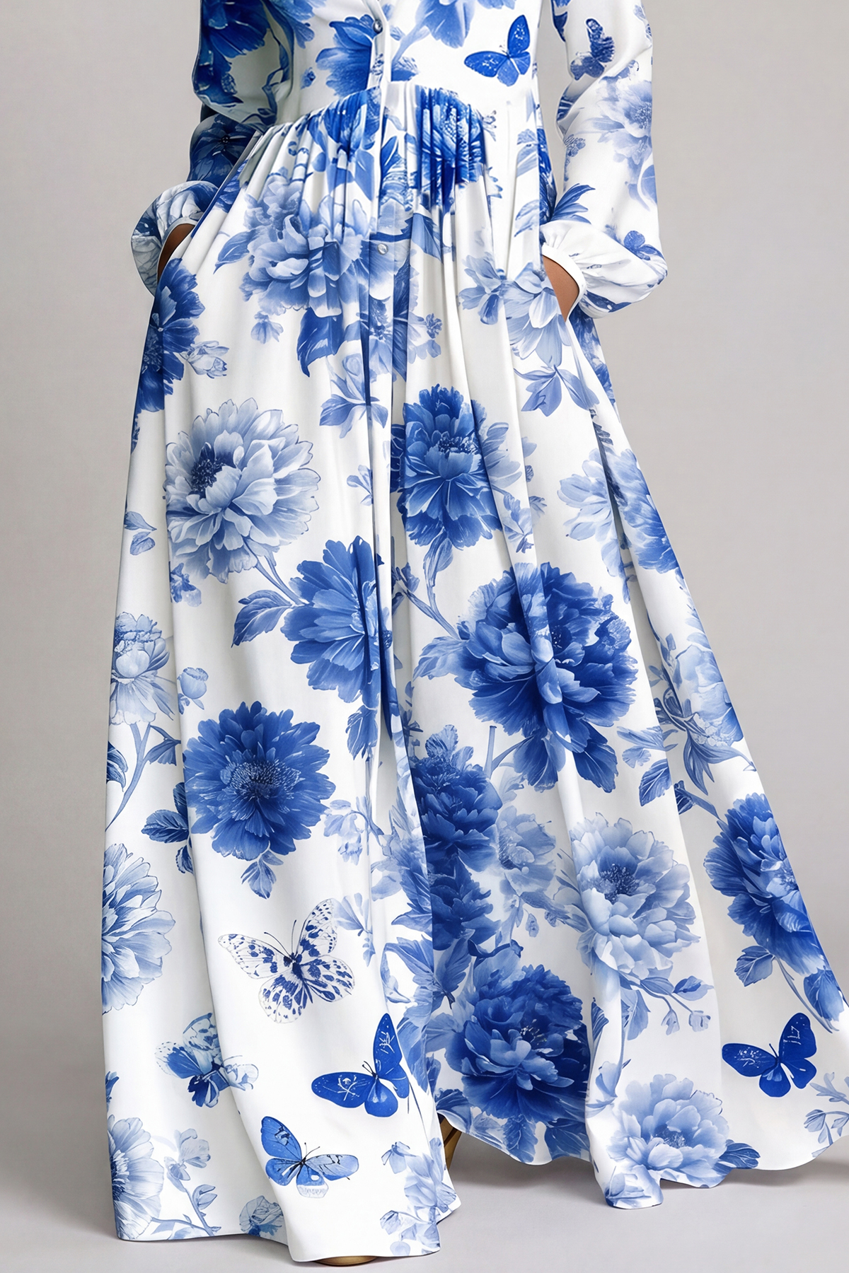 Fizza Plunge Ruch Floral Maxi Dress In Blue