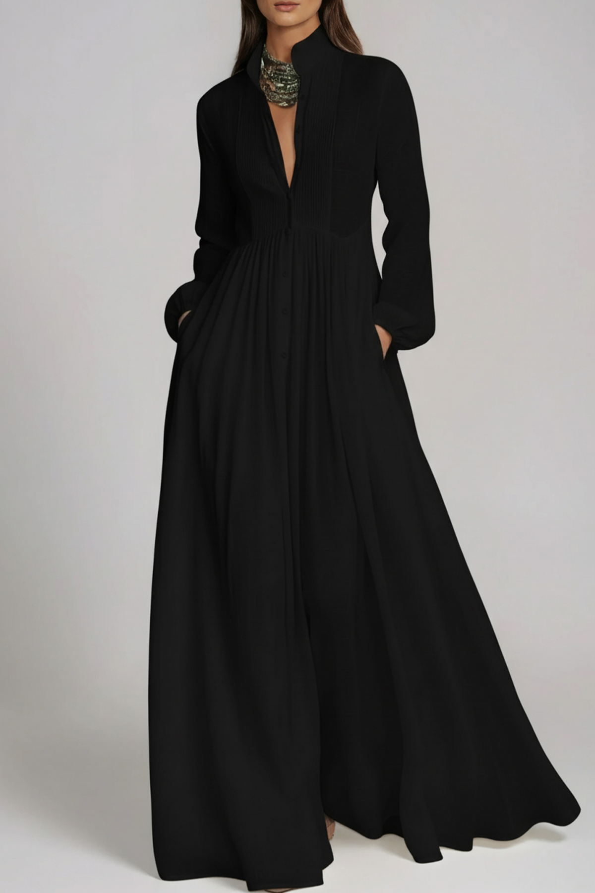 Fizza Plunge Ruch Maxi Dress In Black