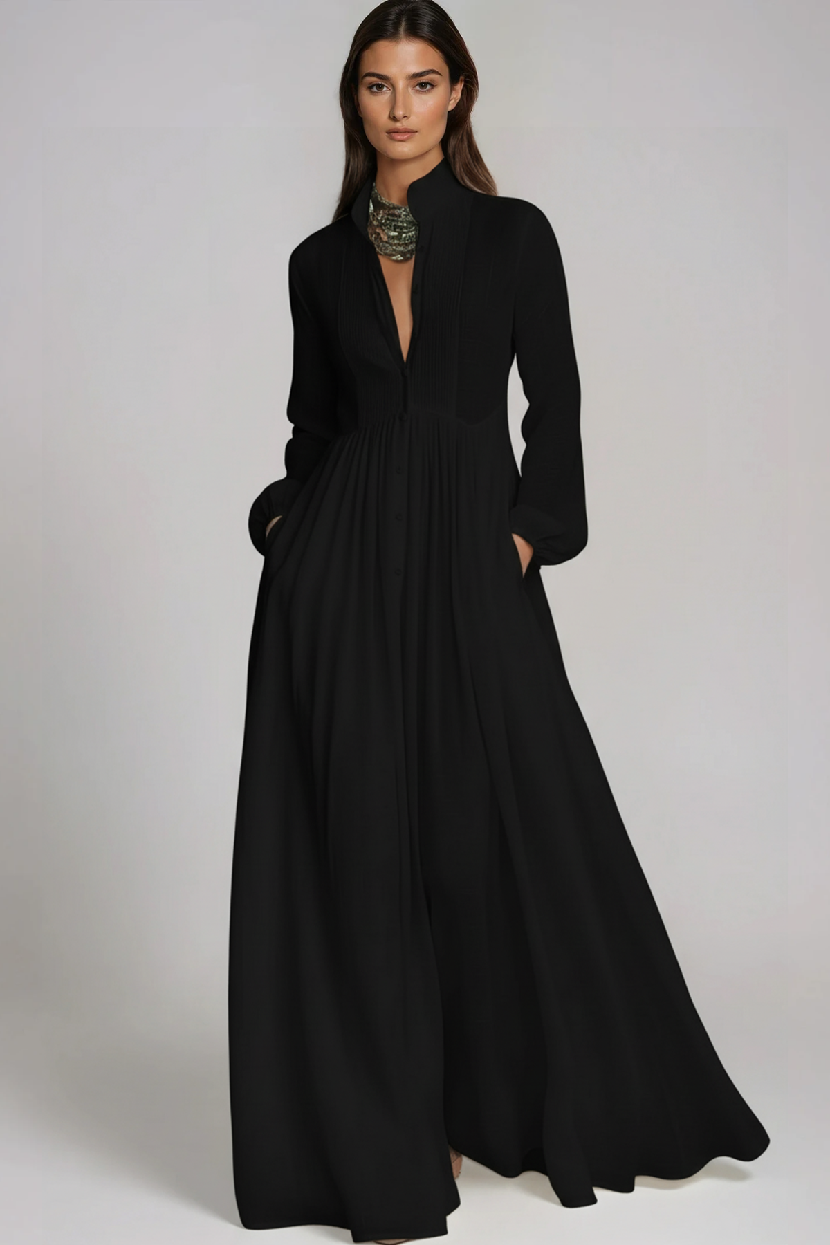 Fizza Plunge Ruch Maxi Dress In Black
