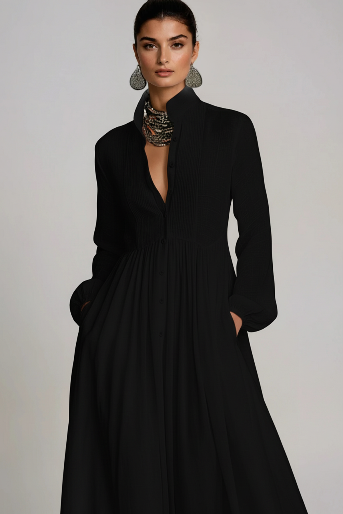 Fizza Plunge Ruch Maxi Dress In Black