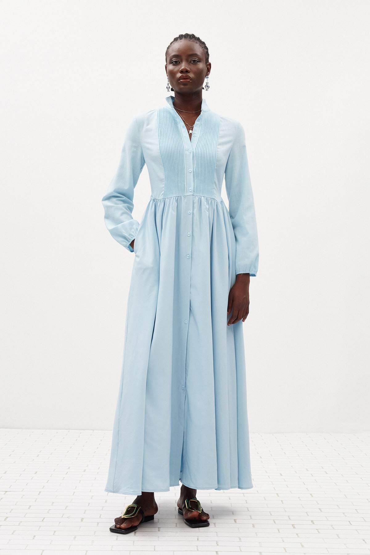 Fizza Plunge Ruch Maxi Dress In Blue