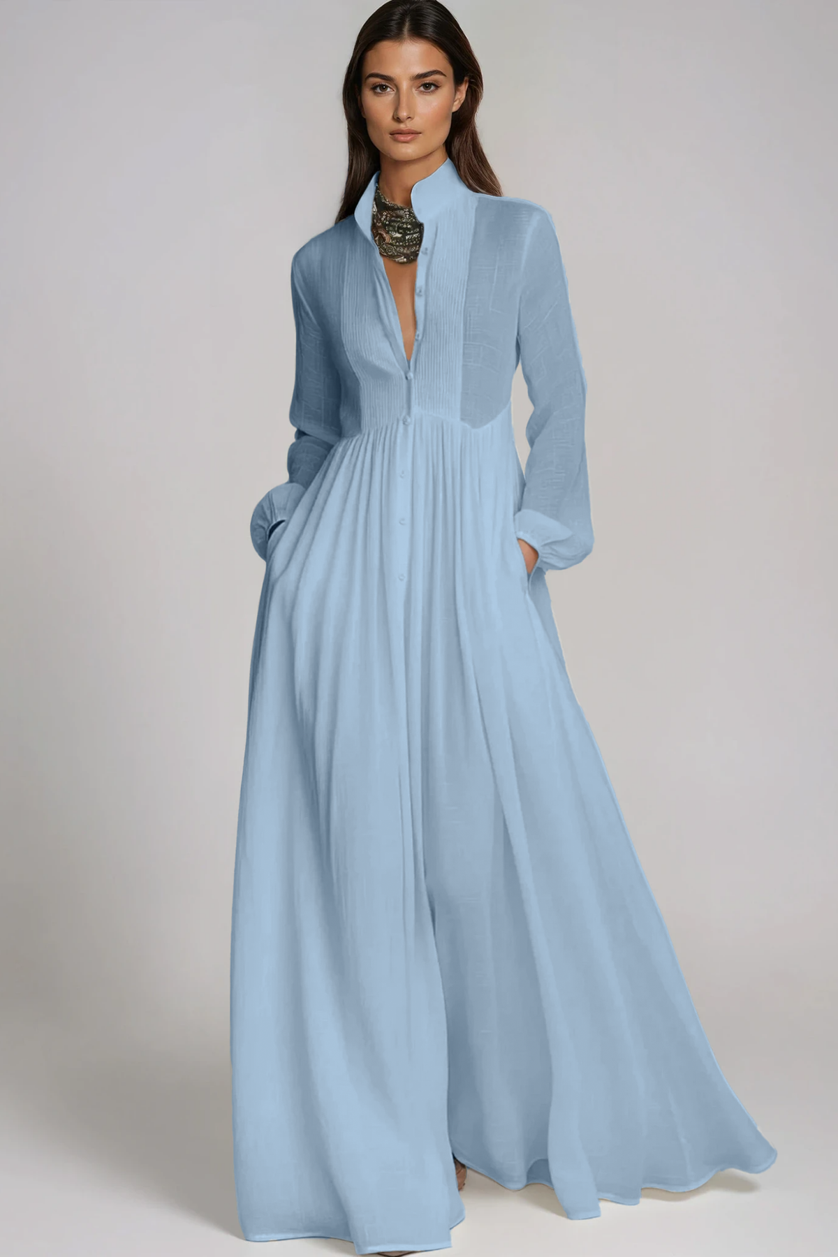 Fizza Plunge Ruch Maxi Dress In Blue