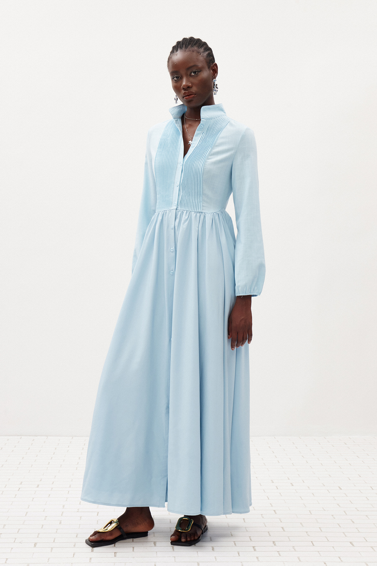 Fizza Plunge Ruch Maxi Dress In Blue