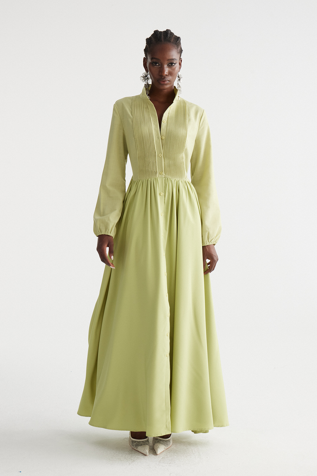 Fizza Plunge Ruch Maxi Dress In Chartreuse