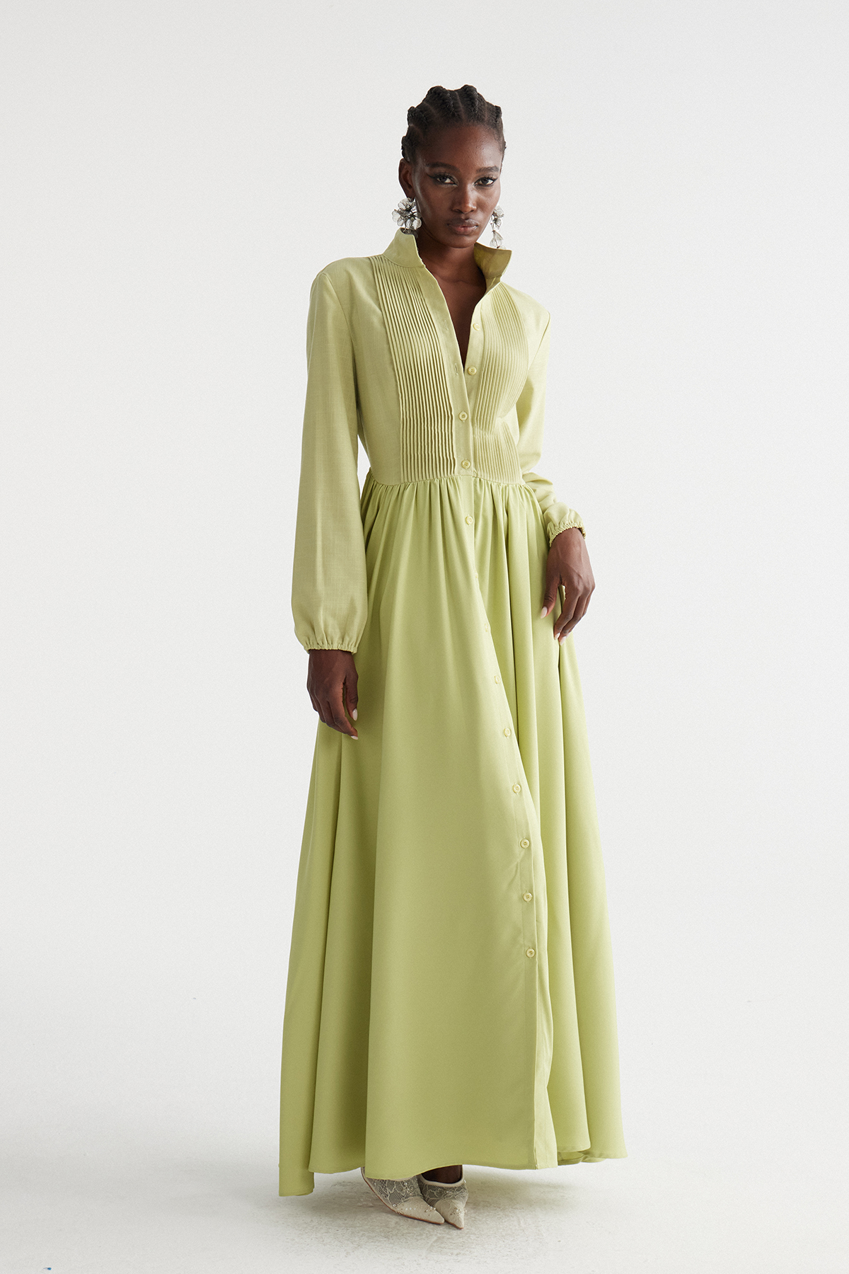Fizza Plunge Ruch Maxi Dress In Chartreuse