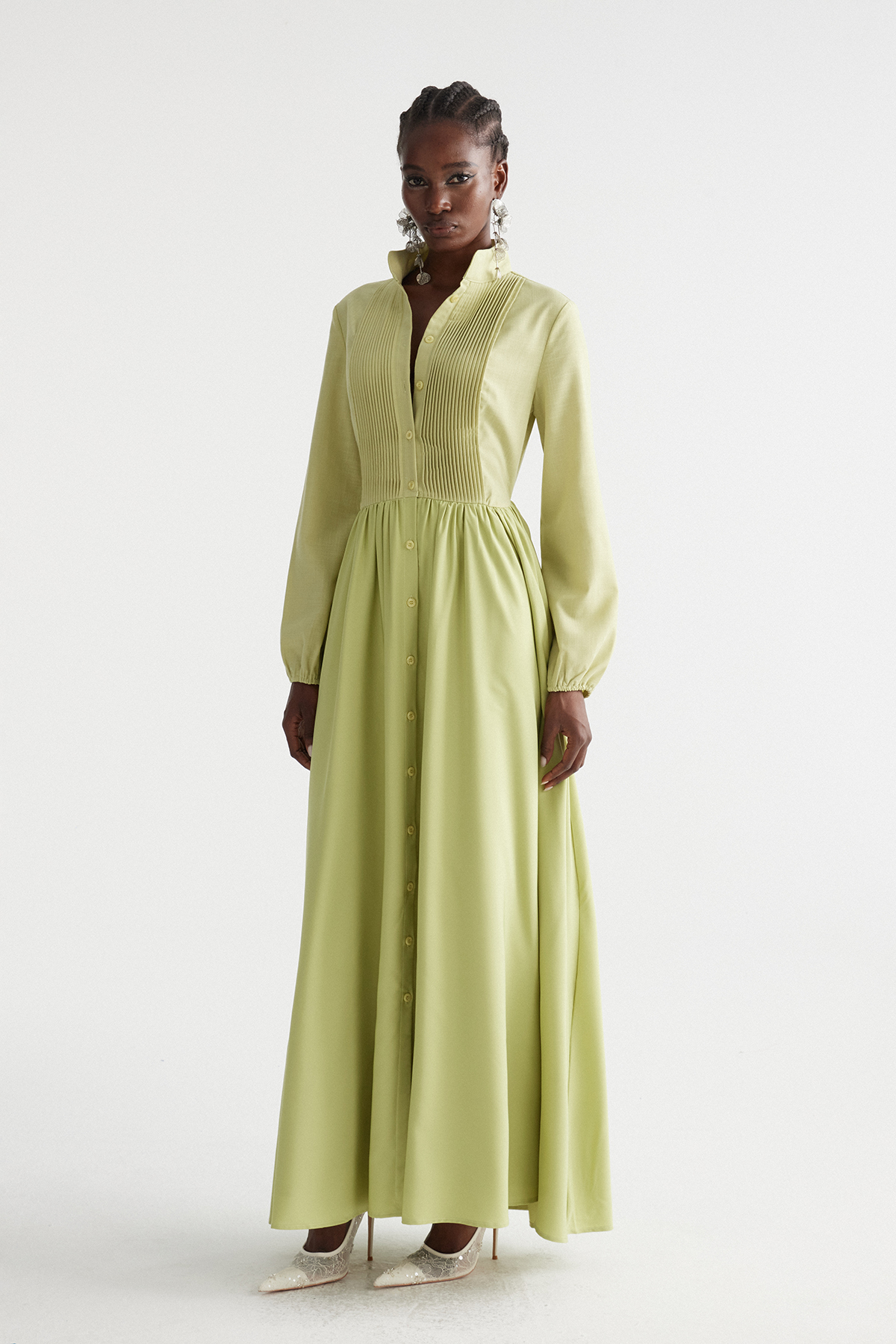 Fizza Plunge Ruch Maxi Dress In Chartreuse
