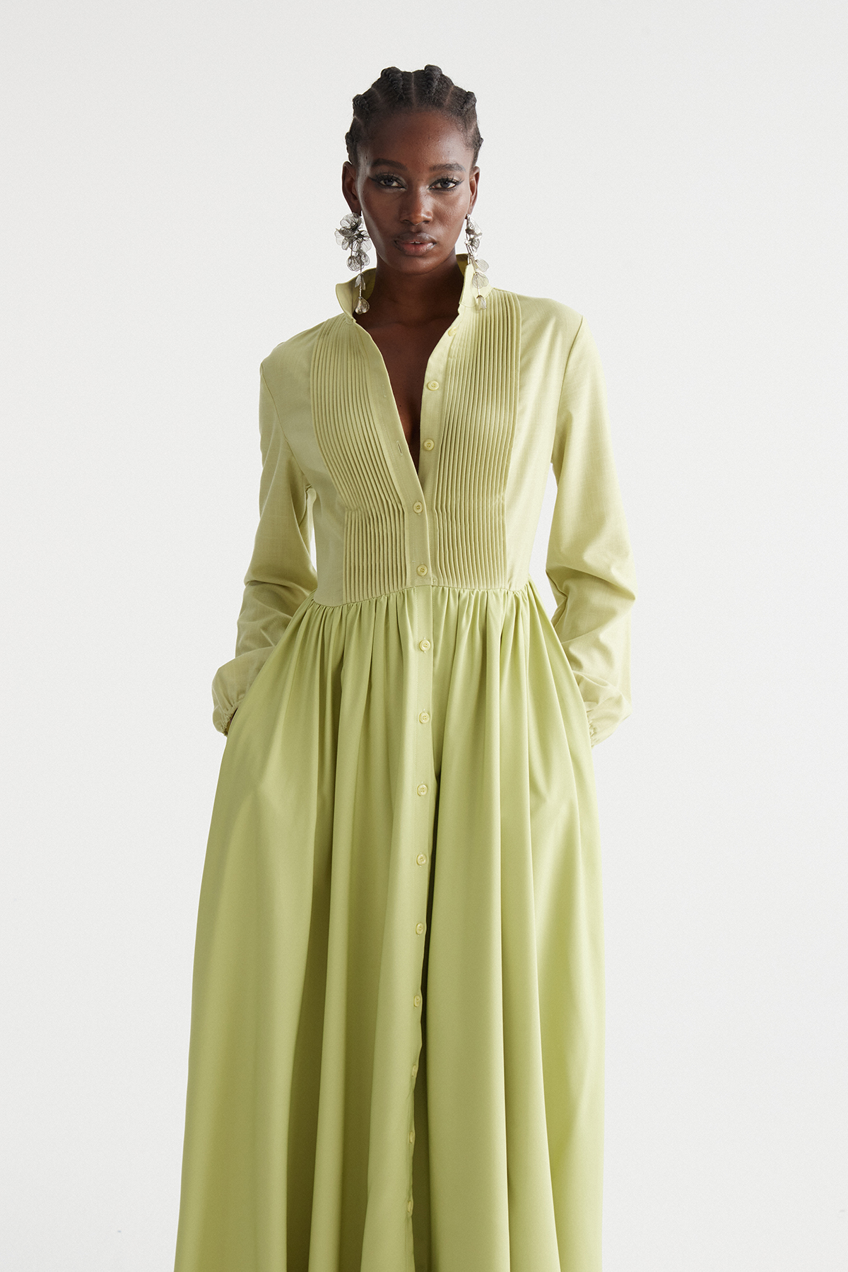 Fizza Plunge Ruch Maxi Dress In Chartreuse