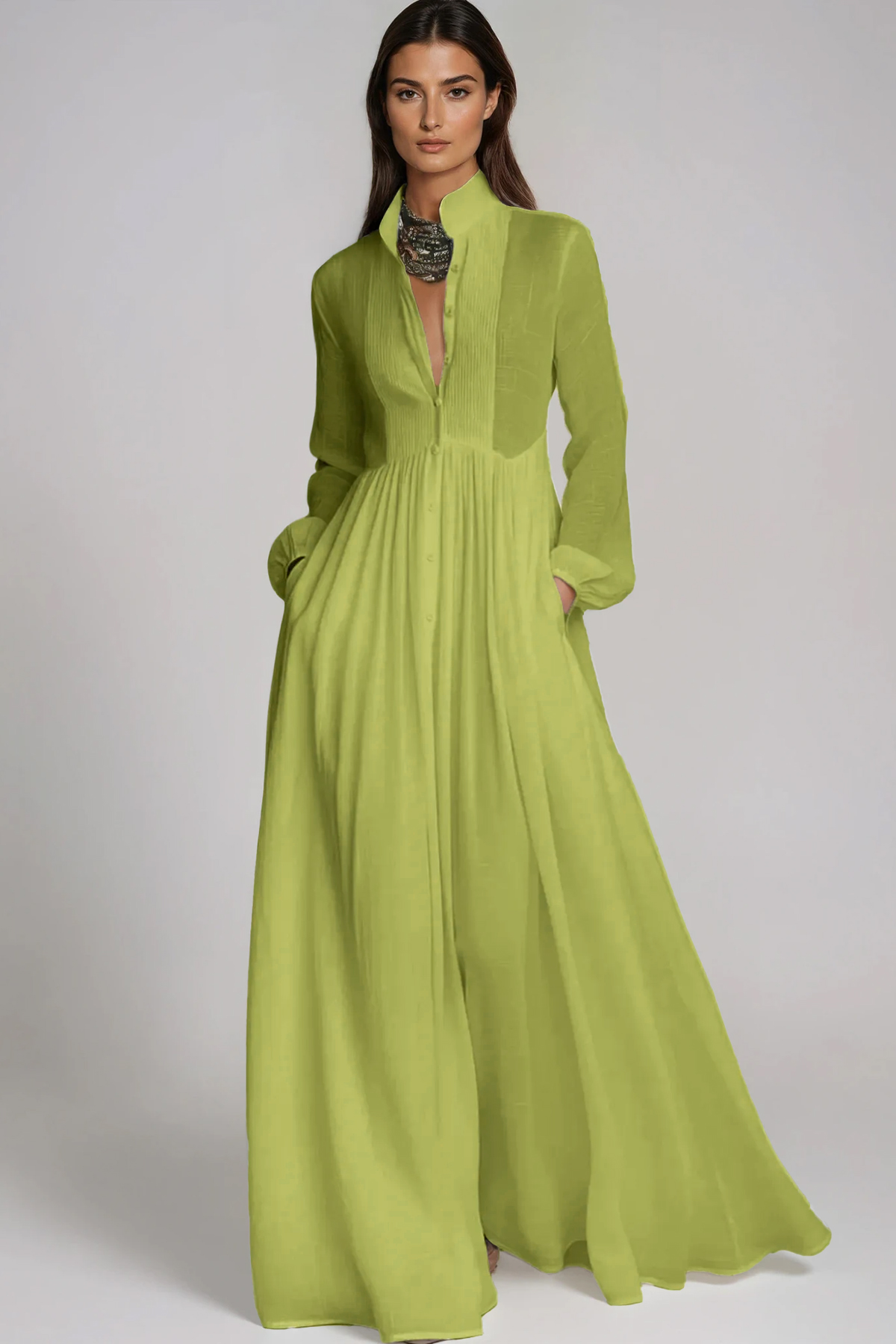 Fizza Plunge Ruch Maxi Dress In Chartreuse